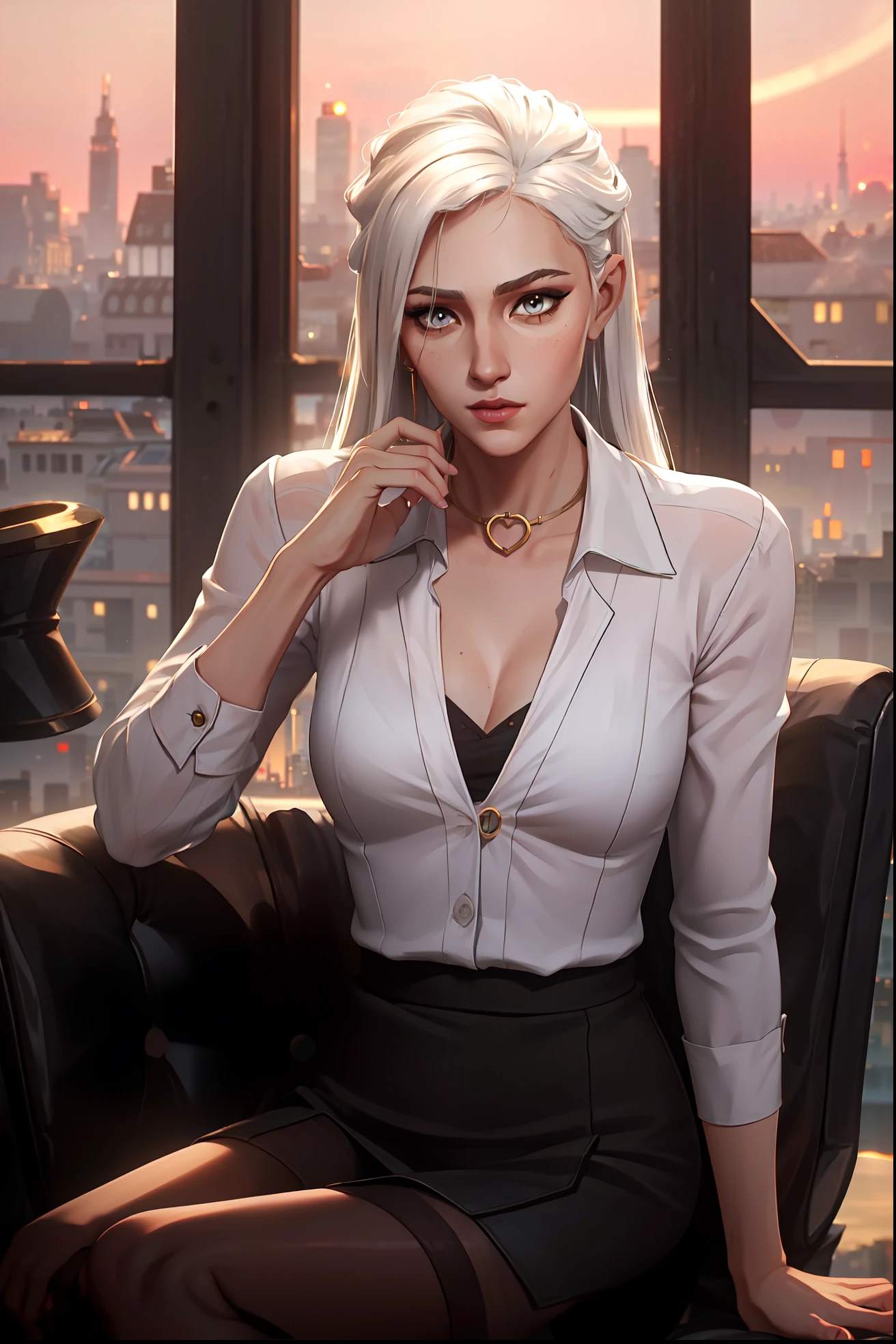 (masterpiece:1.3), (8k, photorealistic, RAW photo, best quality: 1.4), (1girl), beautiful face, (realistic face), Nice hairstyle,Realistic Eyes,Nice detail eyes,(Realistic Skin),Beautiful Skin,Ridiculous,attractive,Ultra high Resolution,an ultra realistic,RAWExtremely detailed,golden proportions, Woman wearing business outfit, formal blazer, white blouse, high waist business skirt, sheer leggings, beautiful, masterpiece, best quality, perfect lighting, (white hair:1.4), long hair, (grey eyes:1.2), slender build, thin, medium breasts, business woman, ceo, sitting in luxurious black office chair, giant modern window with view of dusk cyberpunk city skyline in background, close up, dusk, (cyberpunk city background:1.3), (Hazy sky:1.2), (Dim red sun:1.3), eyelashes, dark eyeliner
