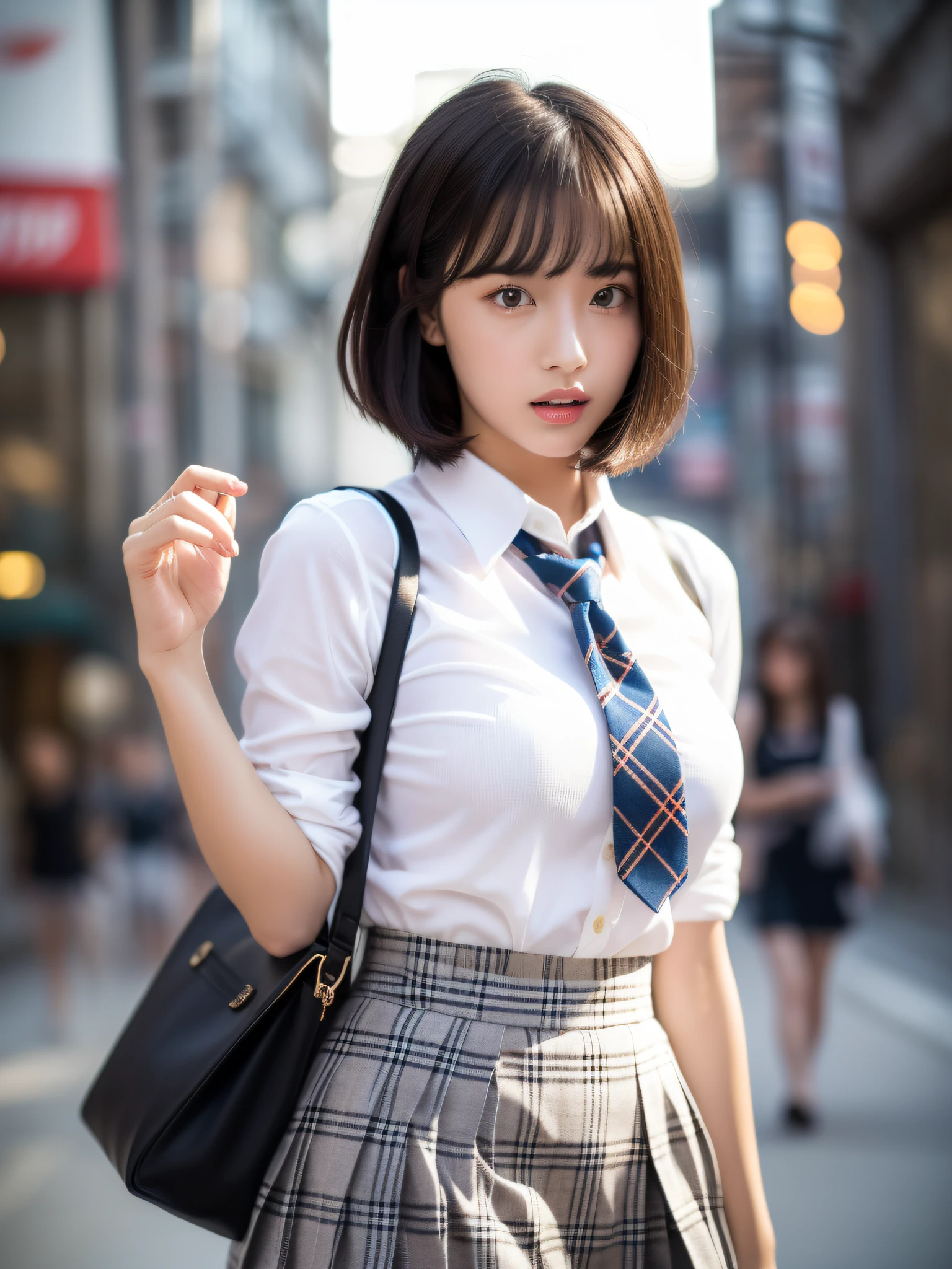 2girls, ((top quality, 16k, masterpiece: 1.3)), ultra-realistic, masterpiece, sharp focus, super detail, absurdity, high resolution, dynamic lighting, 50mm portrait, city, night, neon, cute, slender, shiny skin, delicate face, surprised look, white shirt, blue tie, bob cut hair, tartan plaid pleated skirt, (((Skirt up: 1.3)))), (((White pants visible))),