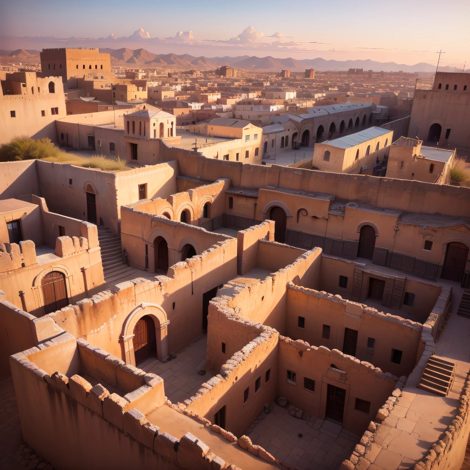 architecture, ancient, fortified city, Jericho, biblical era, massive stone walls, imposing watchtowers, sturdy gates, bustling streets, adobe structures, vibrant marketplace, historical authenticity, dramatic sunset lighting, aerial perspective --ar