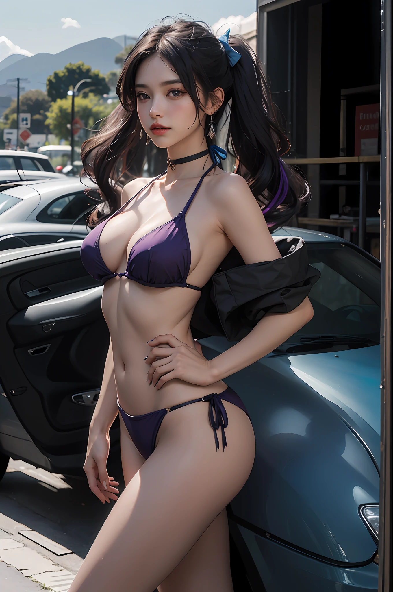 (Foto RAW, 4k, obra maestra, alta resolución, extremadamente compleja) (realista: 1.4), iluminación cinematográfica 1girl alternate_costume aqua_eyes ass_visible_through_thighs bare_arms bare_shoulders bikini black_choker black_ribbon blue_sky blurry blurry_background blush breasts choker cleavage closed_mouth cloud collarbone cowboy_shot day earrings hair_between_eyes hair_ornament hair_ribbon hand_on_own_hip jewelry large_breasts leaning_to_the_side long_hair looking_at_viewer medium_breasts navel outdoors purple_bikini purple_hair ribbon sidelocks sky solo stomach string_bikini swimsuit thighs twintails,
(realidad),