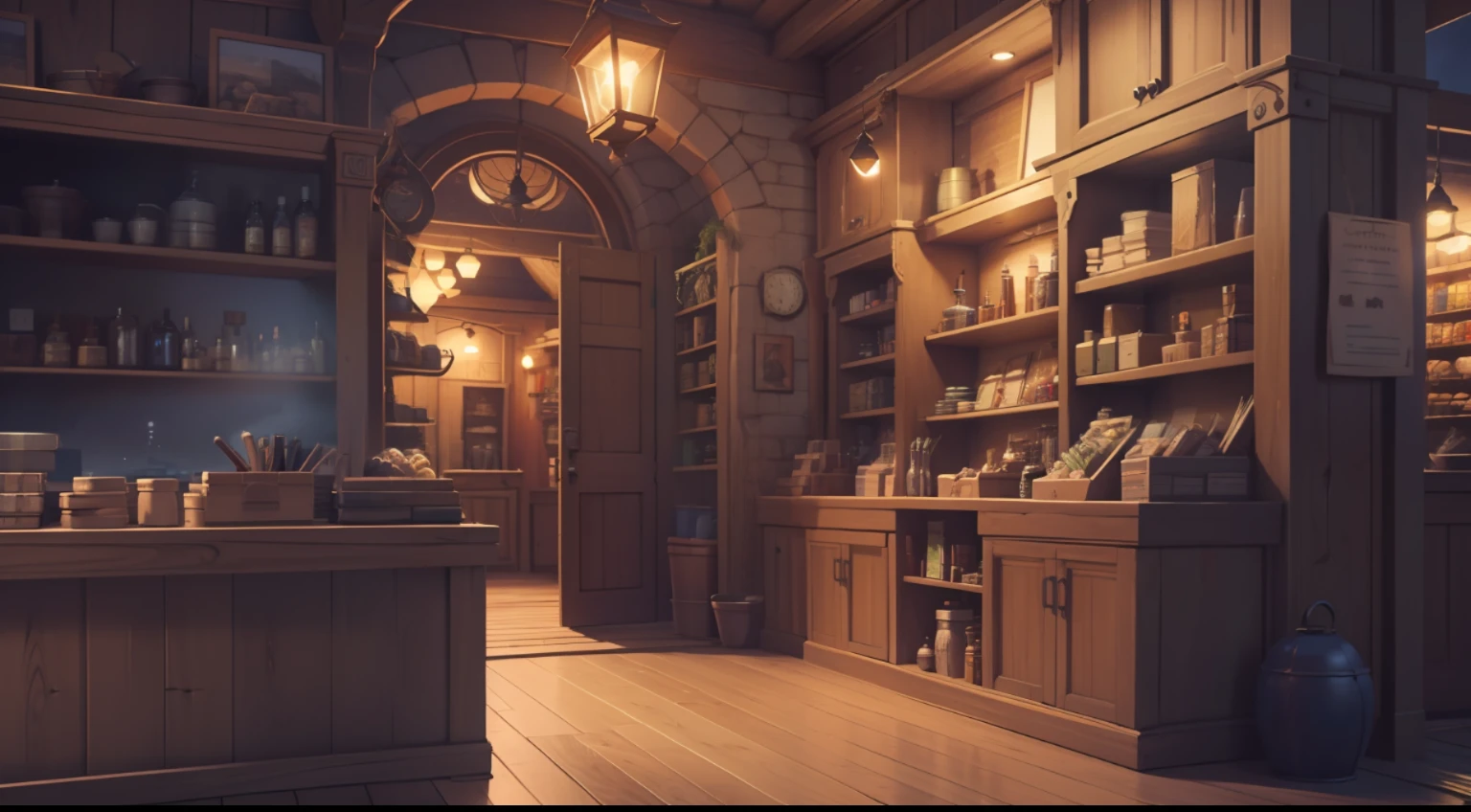 masterpiece, very detailed, ultra-realistic, 4k, 8k, detailed background,fantasy game world,(night),
(Inside the item shop at night), (counter), (wide shot),