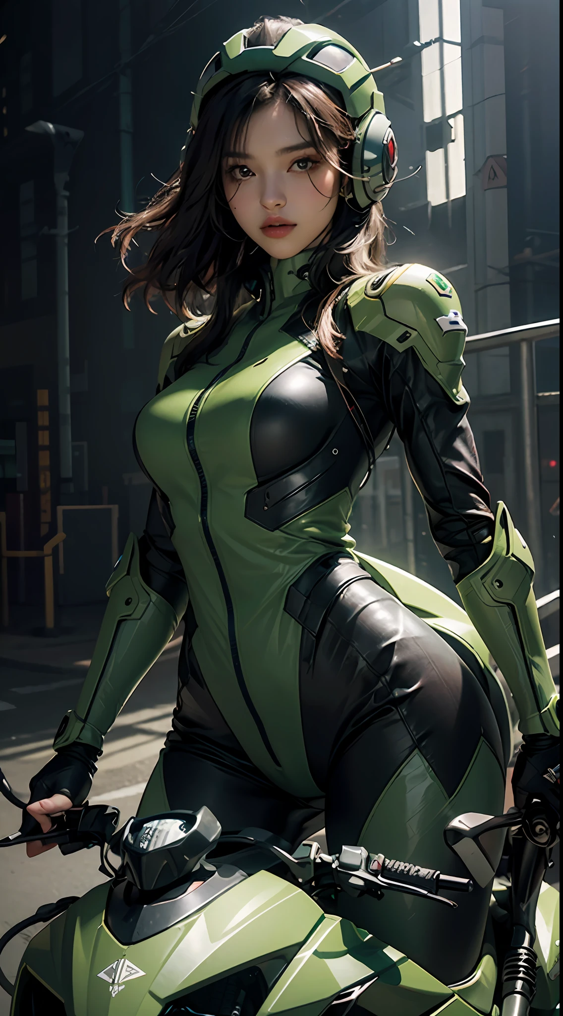 Highest image quality, outstanding details, ultra-high resolution, (realism: 1.4), the best illustration, favor details, highly condensed 1girl, with a delicate and beautiful face, dressed in a black and green mecha, wearing a mecha helmet, holding a directional controller, riding on a motorcycle, the background is a high-tech lighting scene of the future city.
