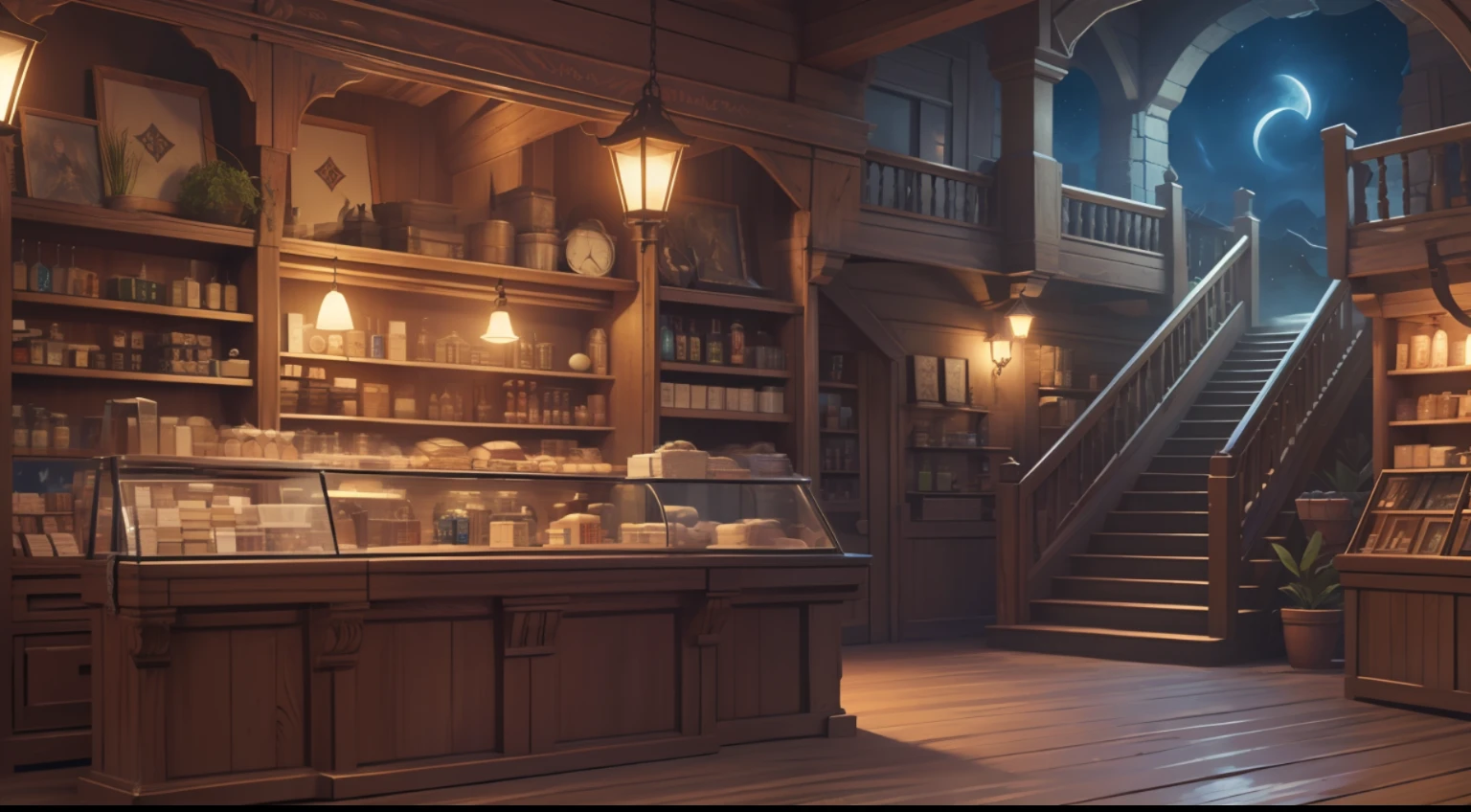 masterpiece, very detailed, ultra-realistic, 4k, 8k, detailed background,fantasy game world,(night),
(Inside the item shop at night), (counter), (wide shot),