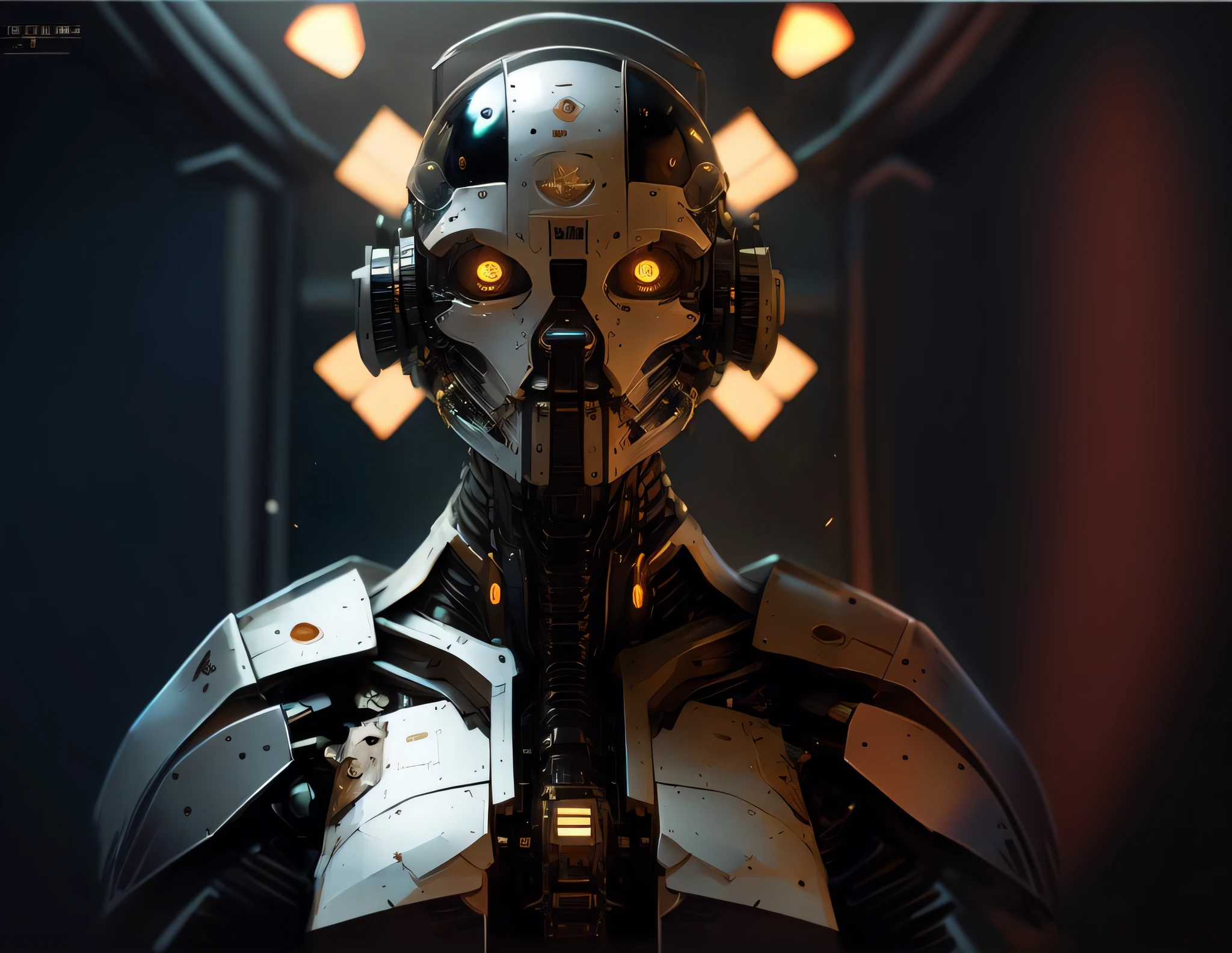 rz88mkultr4, a closeup of a robot , dark lighting, very symmetrical shot, laying white panels, from Behind, High quality, highly detailed, centered, solid colors, digital painting, artstation, concept art, smooth, sharp focus, illustration, summer vibrancy, lighting, by John Collier and Albert Aublet and Krenz Cushart and Artem Demura and Alphonse Mucha