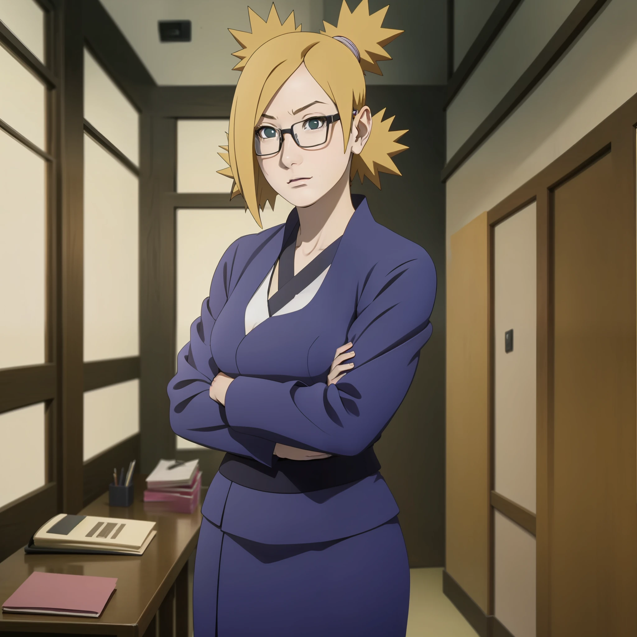 Temari in office wearing glasses , naruto , office formal dress , suit , best quality  , masterpiece  , ceo room