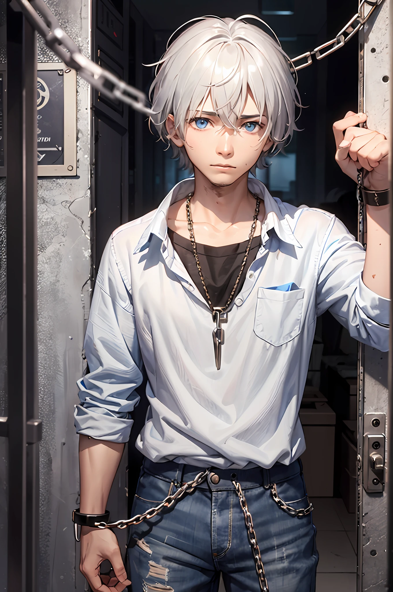 Young man, short silver-white hair, light blue eyes, unobstructed, ragged clothes, tattered clothes, dirty, gray-headed, collars, chains, iron cages, clothes full of holes, hands handcuffed, shackled, looking down, face red