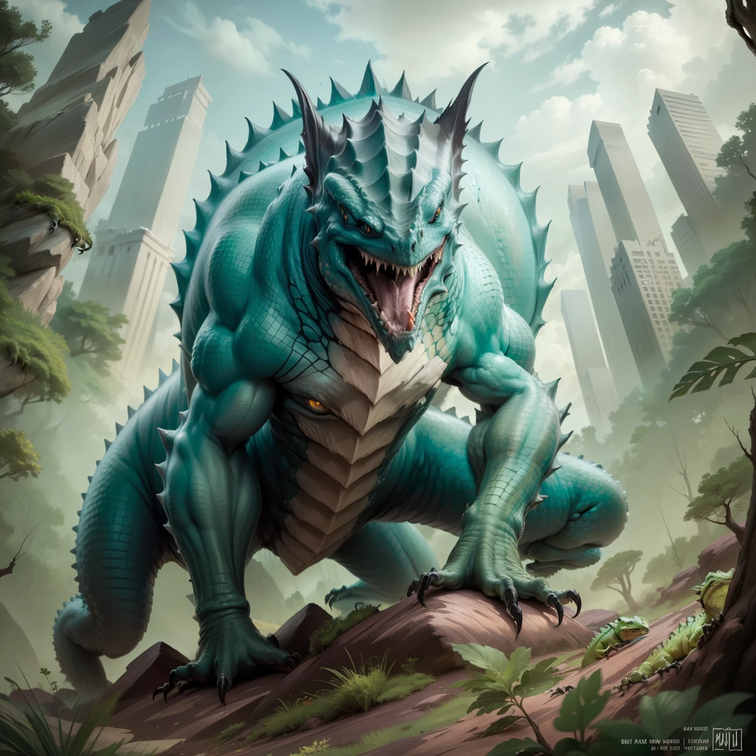 Giant lizard of 3 meters bluish green, with claws and large fangs