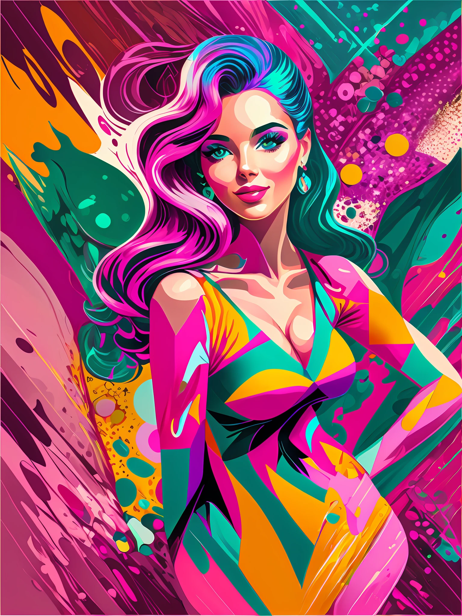 Playful, young woman posing in a colorful, whimsical setting, reminiscent of pop art, digital painting, high-definition resolution, bright color scheme, cleavage --auto --s2