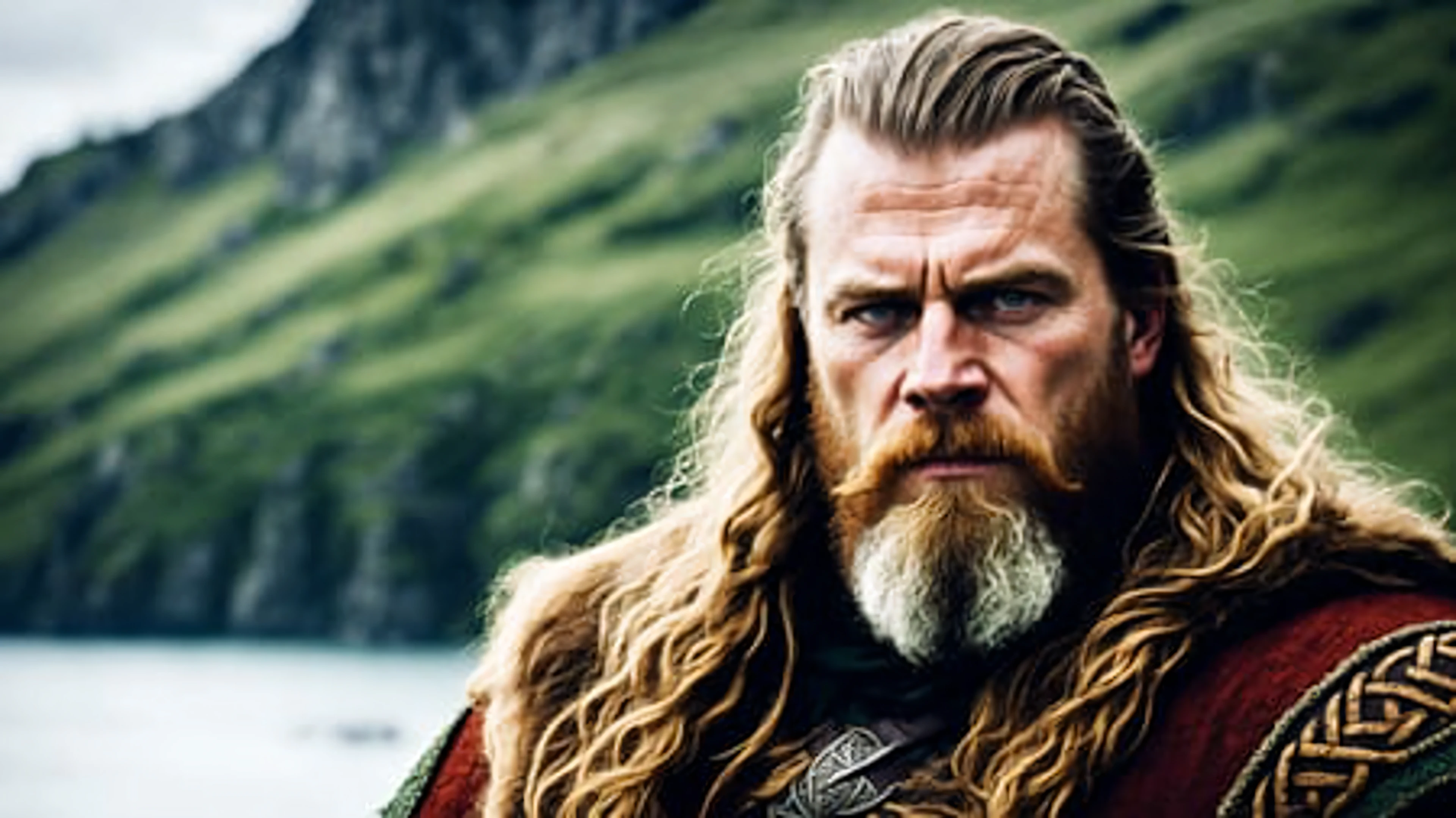 scared norse viking, bulky male, chestnut skin, salt and pepper hair, green eyes, digital concept art, medieval Scandinavian castle, realistic, intricate detailed textures, filmic, cinematic, shallow depth of field, wide aperture, environmental character portrait