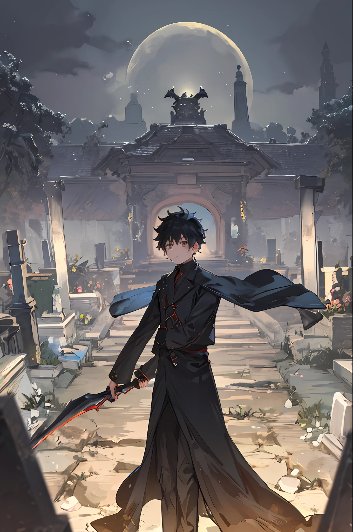 (masterpiece), best quality, detailed background, cinematic lighting, nature, BREAK Izuku Midoriya as the Grim Reaper dressed in plague doctor's clothes wielding a scythe in a cemetery under the crimson moonlight