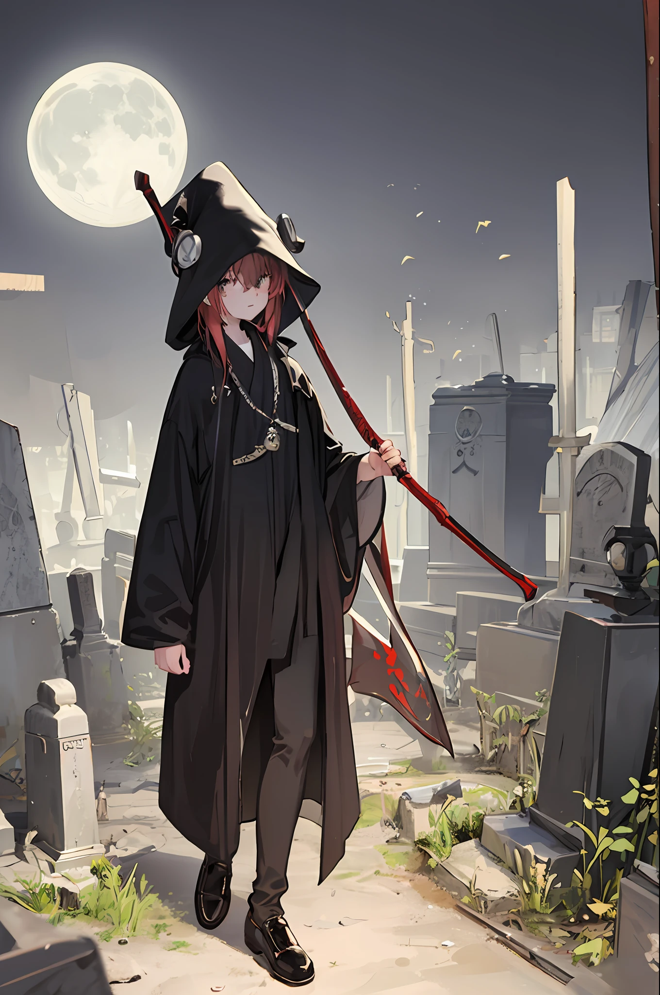 (masterpiece), best quality, detailed background, cinematic lighting, nature, BREAK Izuku Midoriya as the Grim Reaper dressed in plague doctor's clothes wielding a scythe in a cemetery under the crimson moonlight