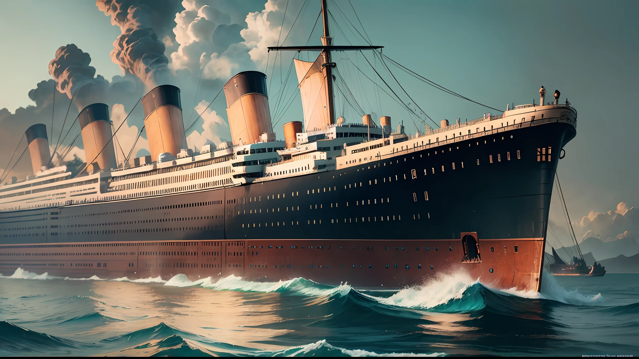 Draw an ultra-realistic 8K image of the Titanic's deck, with passengers gathering, enjoying the view, and interacting with the crew. --auto