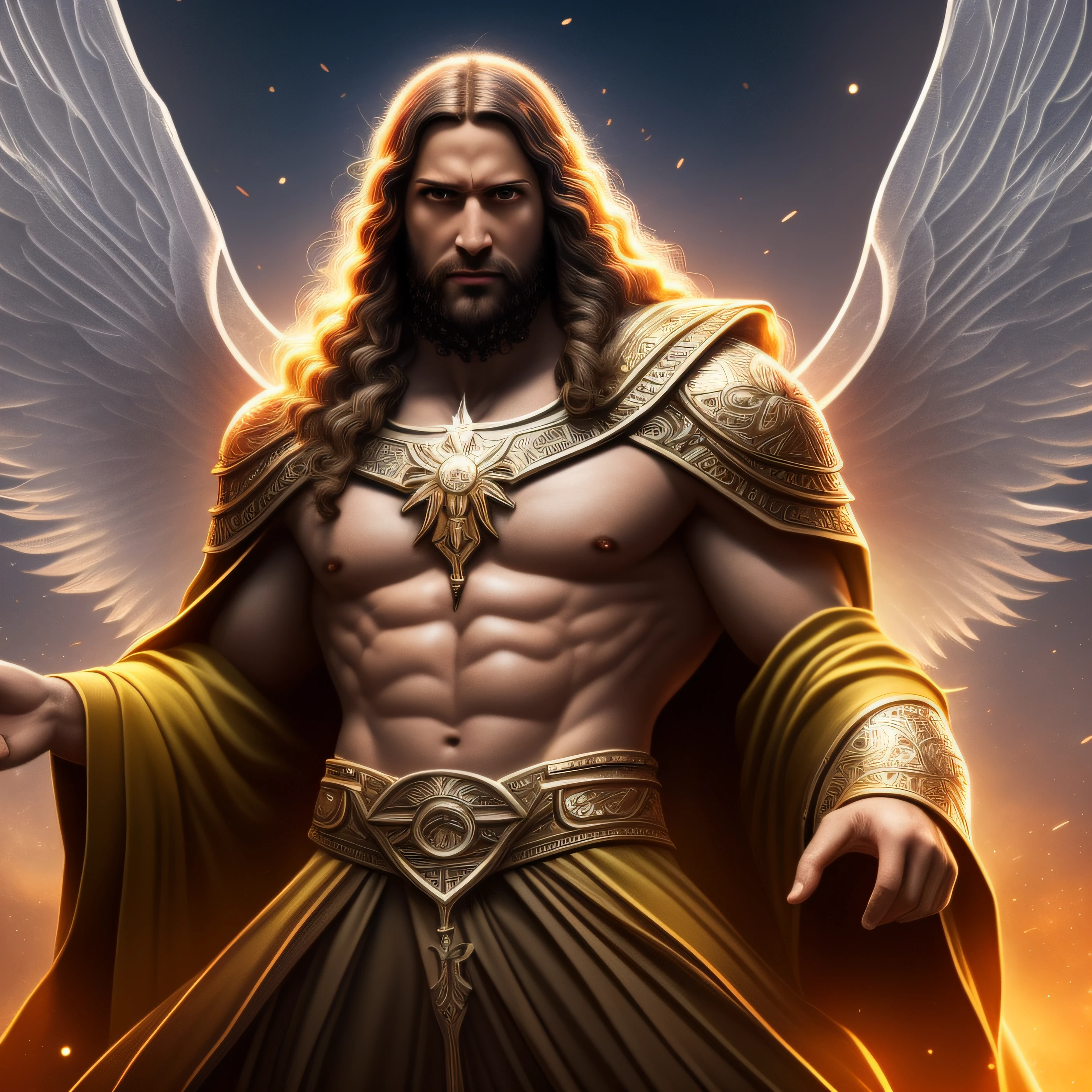 Super high resolution, best quality, photo, 8K, (Photorealistic: 1.2), cinematic lighting, Jesus Christ in the shape of fantz wlop, giant bearded man in bright white robes and floating on the crystal throne floating in crystal clouds, yellow eyes, bright yellow light emitted from the throne, God, with rays of light wrapping his body, with large translucent wings and feathered on the crystal throne,  wings are open, golden light (halo: 1.2) above your head, abdominal muscles, beard, male, dark, dislodging demons from the underworld, masterpiece, best quality, intricate details, snow environment and crystals in the background, crystal cathedral, portal of the future, 3D light, HD, magic, god of light, backlight, detailed face, DREAD, depth of field,  soft lighting, mapped tone, highly detailed, concept art, soft and sharp focus, dramatic lighting, highly detailed art, cinematics, 8K, incredible shadows (highly detailed background: 1.2)