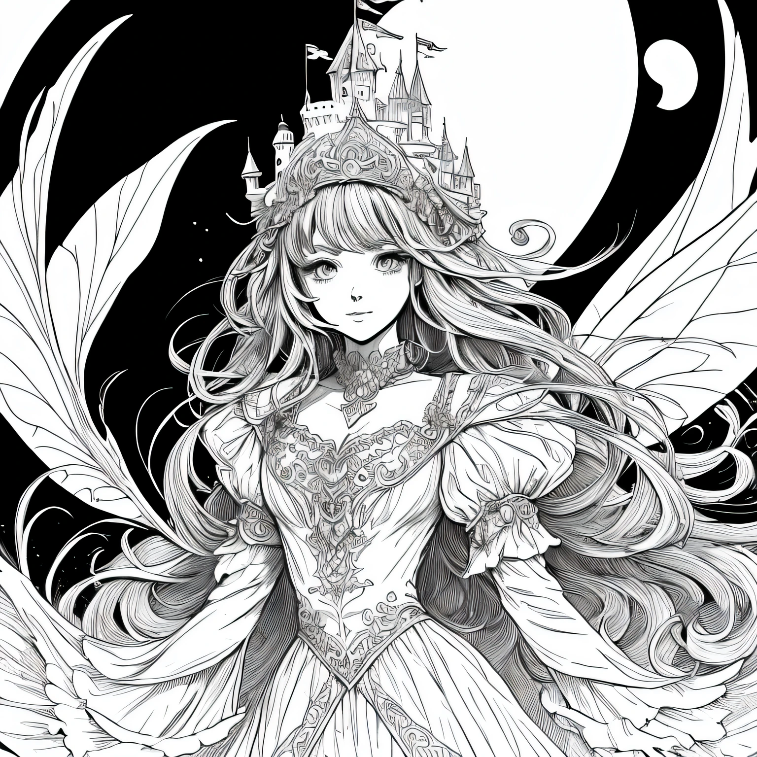 body shot of a Dreamy Fairy Girl, 2d drawing, grayscale, coloring book style, black and white, simple line art, white background with one castle in the distance, safe for work, extremely fine ink line-art, magic fantasy highly detailed, fairy-tale illustration style, beautiful line art
