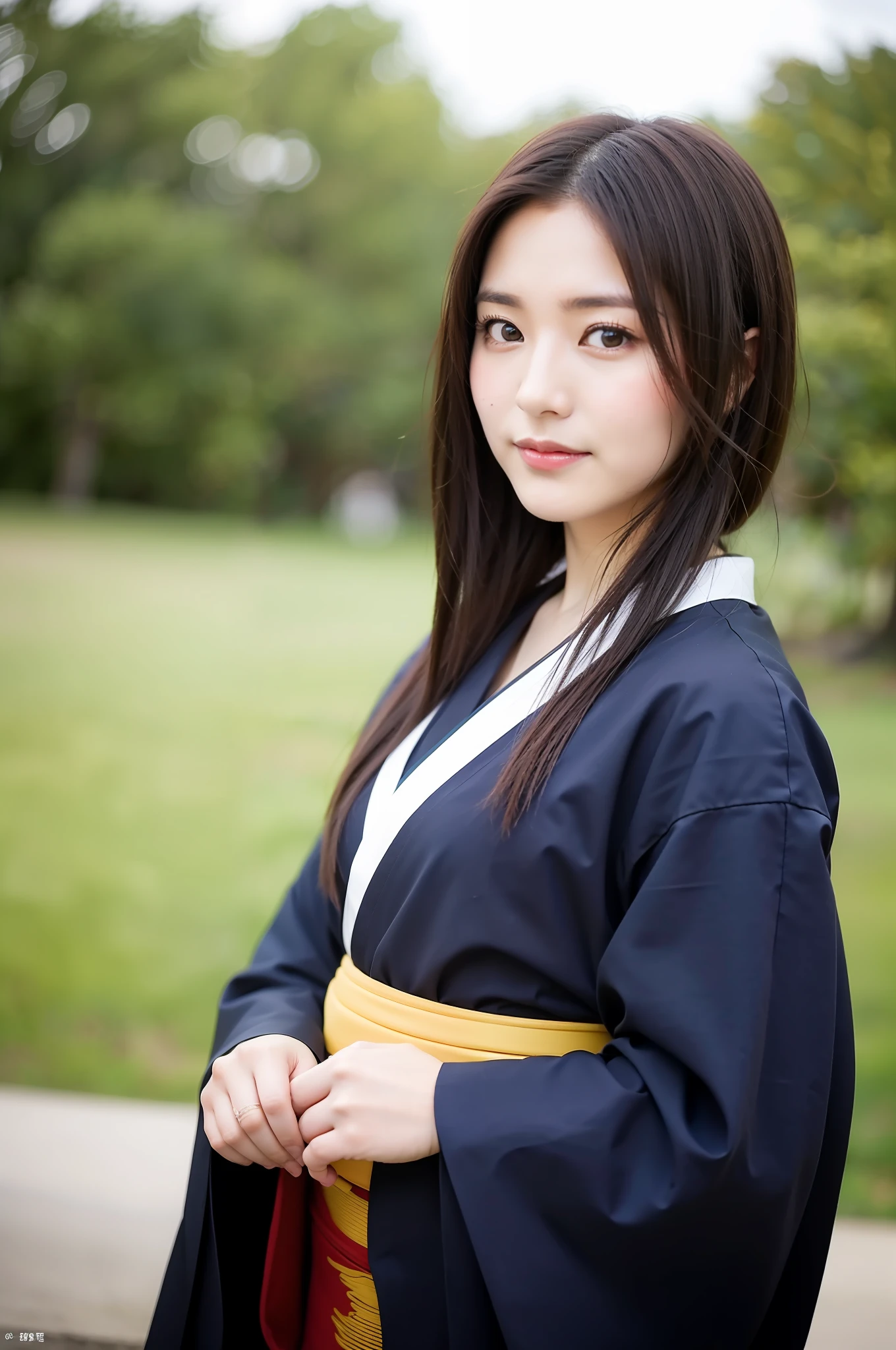 ((Best Quality, 8K, Masterpiece: 1.3)), Sharp Focus: 1.2, (Super Beautiful Face: 1.0), (Slender Abs Beauty: 1.0), (Shiny Skin: 1.0), Realistic Photography, Black Hair, Realistic Pupils, Video Lighting, High Resolution Eyes and Face, Video Lighting, (Cowboy Shot: 1.3), (Kimono, Hakama, Obi: 1.4), (Korean Cute Actress), Traditional Kimono, Audience Watch, From the front, big