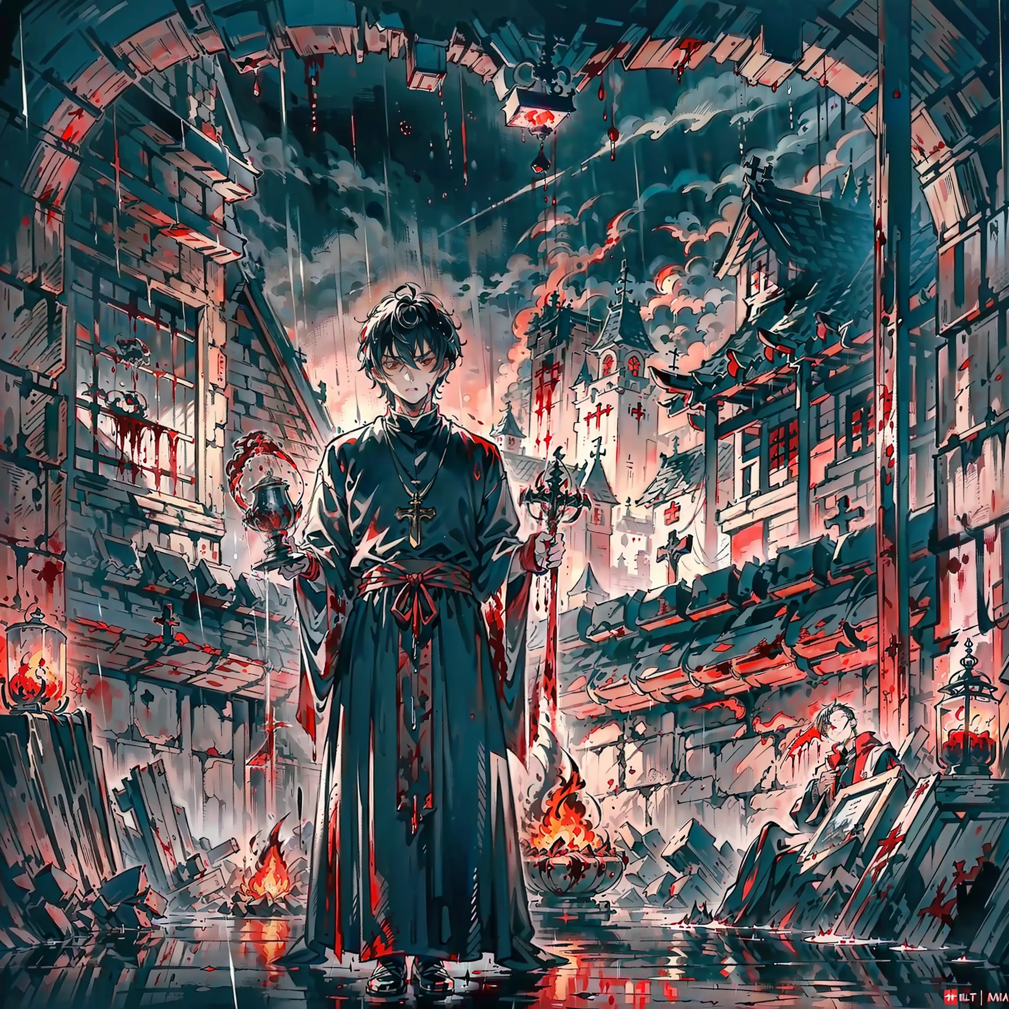 masterpiece, best quality, (cassock), (clergy), ultra-detailed, gothic city, (((adult male))),serious face, ((red eyes)))), whole body, ((((male))), looking at the viewer, blood, holding cross, red chalice Holy Grail in the illuminated sky, rainy night, gothic, adult, liquid blood spear, evil, blood rain, village background on fire, simple clothes, dead eyes, 1boy, hair with 2 colors: black and white, heavy rain, red fire, eyes in every corner, evil, destruction, ultimatum