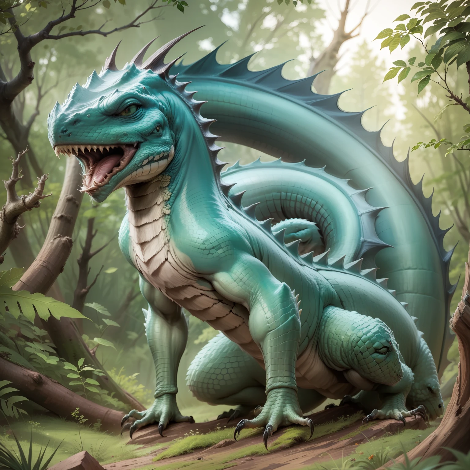 Giant lizard of 3 meters bluish green, with claws and large fangs