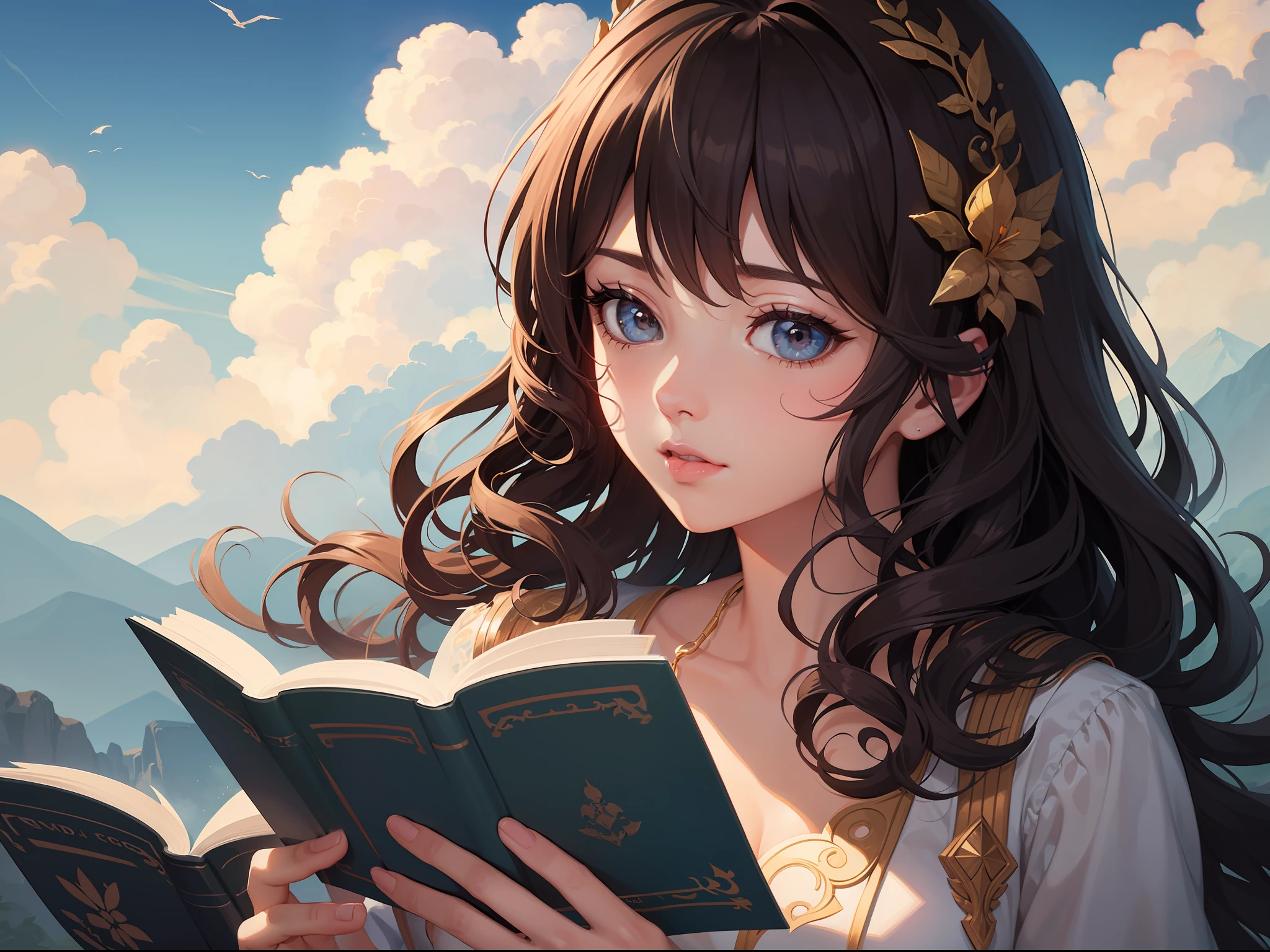ultra hd photo, wallpaper format, illustration of a woman ((brunette skin)) tan skin girl, fleshy mouth (big wavy hair) reading a book in the clouds, goddess of clouds, girl clouds, fantasy book illustration, procreate illustration, dreamy illustration, digital illustration style, book portrait book illustration, color illustration, stylized digital illustration, fabulous illustrations, delicate, light, high bright