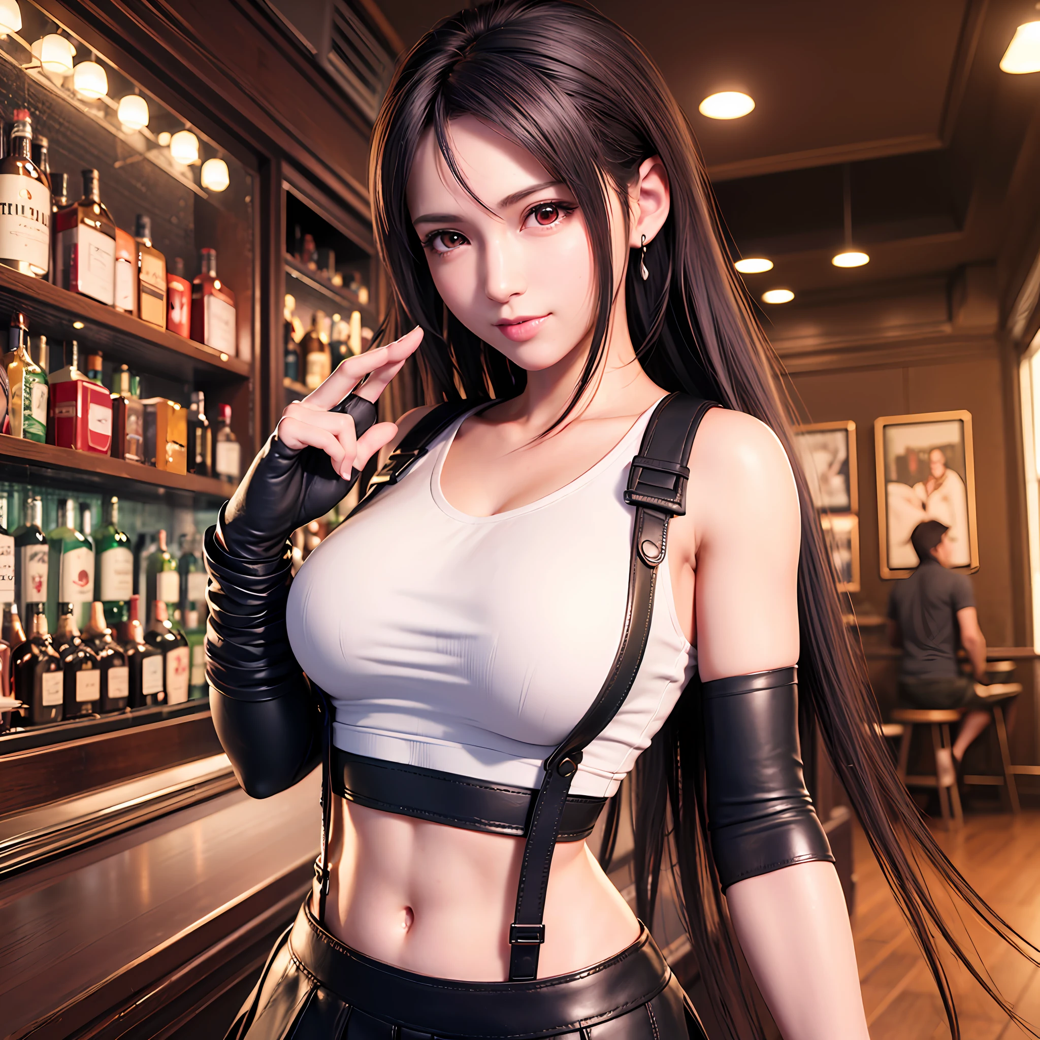 8k,masterpiece, bset quality,big, (1 girl), tifa lockhart, red_eyes, black hair, long hair, shiny skin, shiny big, ((best quality)), crisp focus: 1.2, highly detailed face and skin texture, detailed eyes, perfect face, perfect body, art, cg, blur background, big with presence, (20yo, Mature cool and beautiful face), wearing ((suspender black skirt)),(( black elbow gloves, white taut shirt, thigh, white tank top, navel, blush)), jukebox, old bar, upper body, smile, professional light source, fluttering hair, foreground,