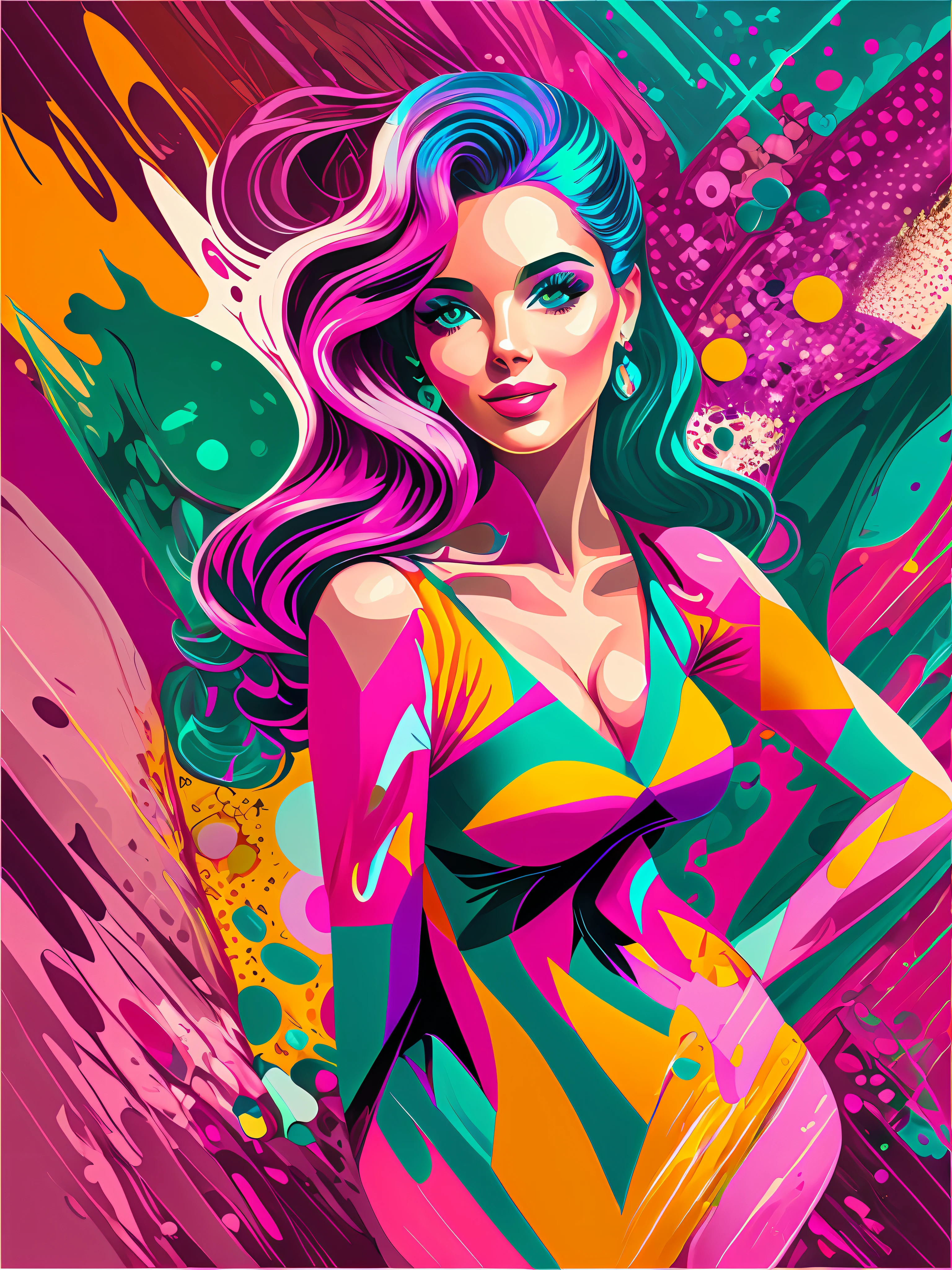 Playful, young woman posing in a colorful, whimsical setting, reminiscent of pop art, digital painting, high-definition resolution, bright color scheme, cleavage --auto --s2