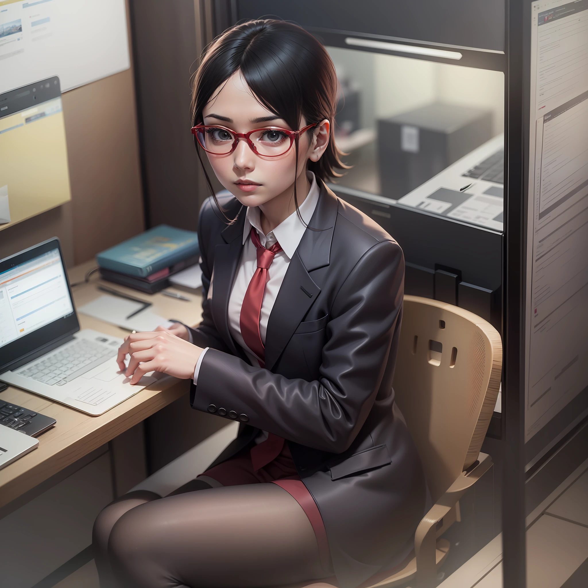 Sarada in office wearing black suit , tie , masterpiece , best quality , shy , red glasses , in a cubicle
