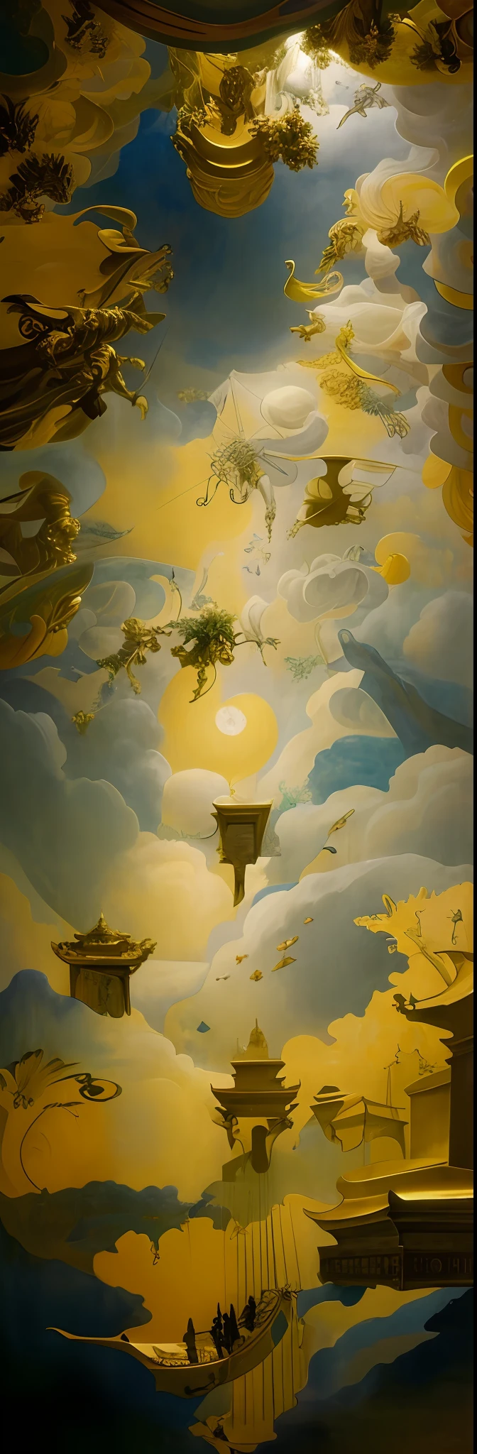 [clouds,spreading outward from the middle:painting on the ceiling of an ancient church, in the style of baroque exuberance, large - scale canvas, rubens, light navy and yellow, captivating scenes, angelcore, solarizing master:0.2], what the soul can see, Kim Kiefer's colors, textures and spaces, dark gold and light gold, concept art, fantastic figures, line composition by Kay Nelson and Carol Barker, ultra-detailed, surrealist-influenced depictions of figures, light gold and amber, Marta Bevacqua's light effects, smooth movement and movement, reimagined religious art to sculpt impressionist styles I couldn't believe how beautiful this was, the flowing landscapes, the rococo gorgeousness, the apocalyptic art, the ethereal bioforms, the deep yellow, I couldn't believe how beautiful this was, the ultra-detailed illustrations, the fantastic installations, the caravaesque, the emotional and dramatic scenes