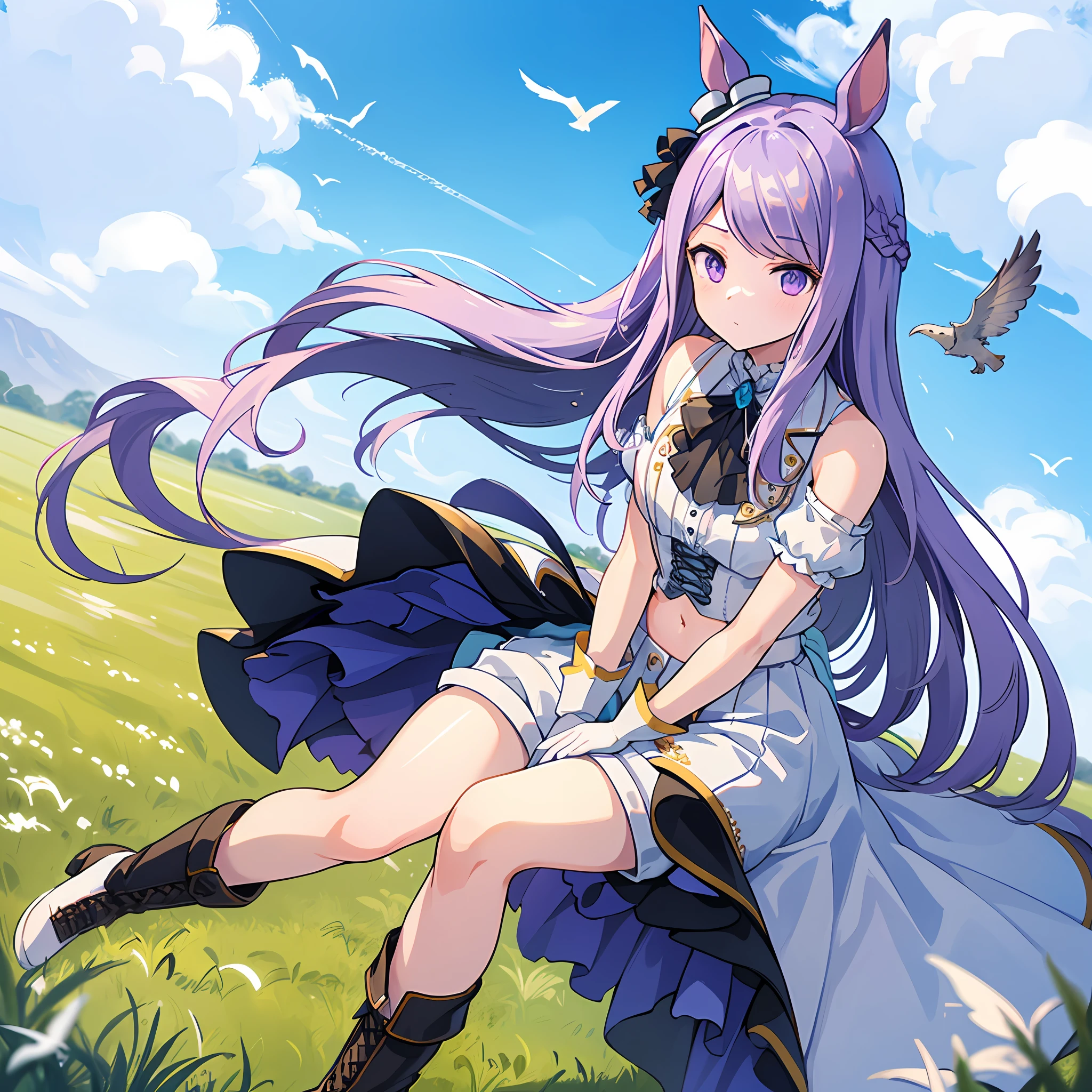 ((masterpiece, best quality)),(illustration),(detailedlight),((anextremelydelicateandbeautiful)),1girl,Mejiro McQueen,Mejiro McQueen(End of sky),mejiro_mcqueen_\(umamusume\),horse ears,horse girl,long hair,purple hair,purple eyes,bright pupils,white gloves,mini hat,navel,bare_shoulders,short sleeves,braid,white shorts,cross-laced_footwear,white_footwear,sleeveless,knee boots,outdoors,blue sky, bird,feathered wings,