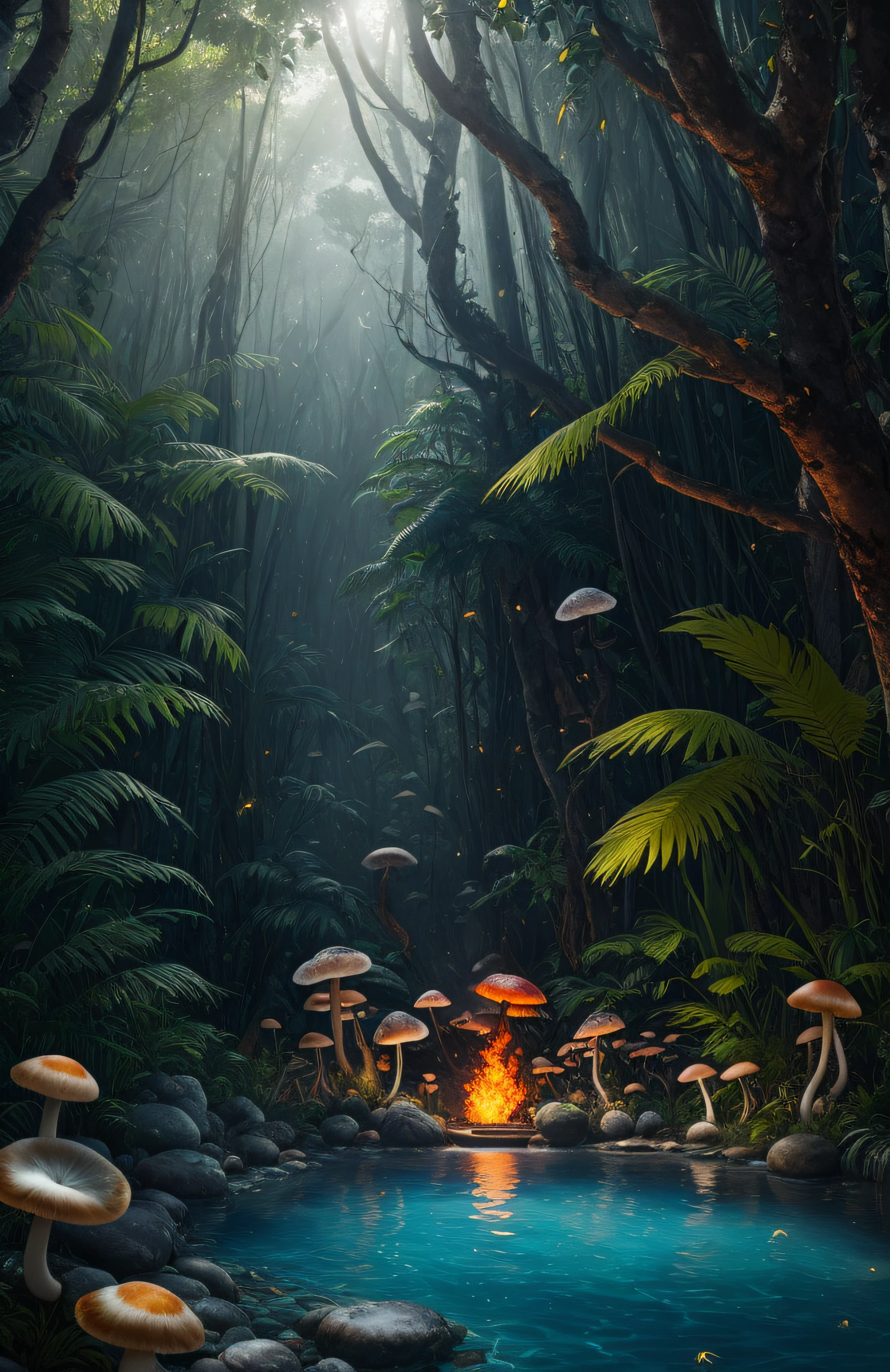 Masterpiece, best quality, (very detailed CG unified 8k wallpaper), (best quality), (best illustration), (best shadow), close-up of a hunk man, and white mask, beautiful figure painting, Guviz, Guvitz Guvitz style art,, Yang J, exquisite epic character art, amazing character art, Fan Qi, Wu Zhun Shifan, Guvitz in pixiv art station, muscular, muscular, strong, underwear, drinking water in the pool, blue mushrooms, Natural elements in the theme forest. Mysterious forest, mushrooms, nature, fireflies (natural elements), (jungle theme), (leaves), (branches), (mushrooms), (particle effects) and other 3D, Octane rendering, ray tracing, super detailed