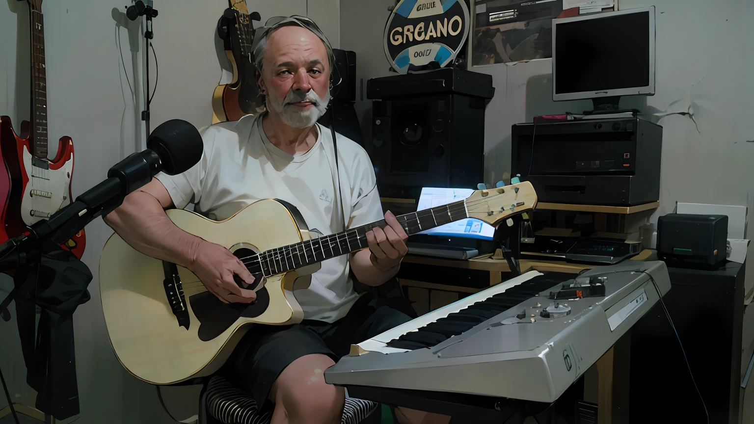 there's a mand, 70, sitting at a table with guitar and keyboard, in his basement studio, inspired by Girolamo Muziano, studio shooting, jamming for music, mixing, profile picture, ed o'brien (guitar), playing guitar, singer-songwriter, studio recording, in a studio, playing guitar, inspired by Grillo Demo, inspired by Glen Angus,  Realistic image, 4K