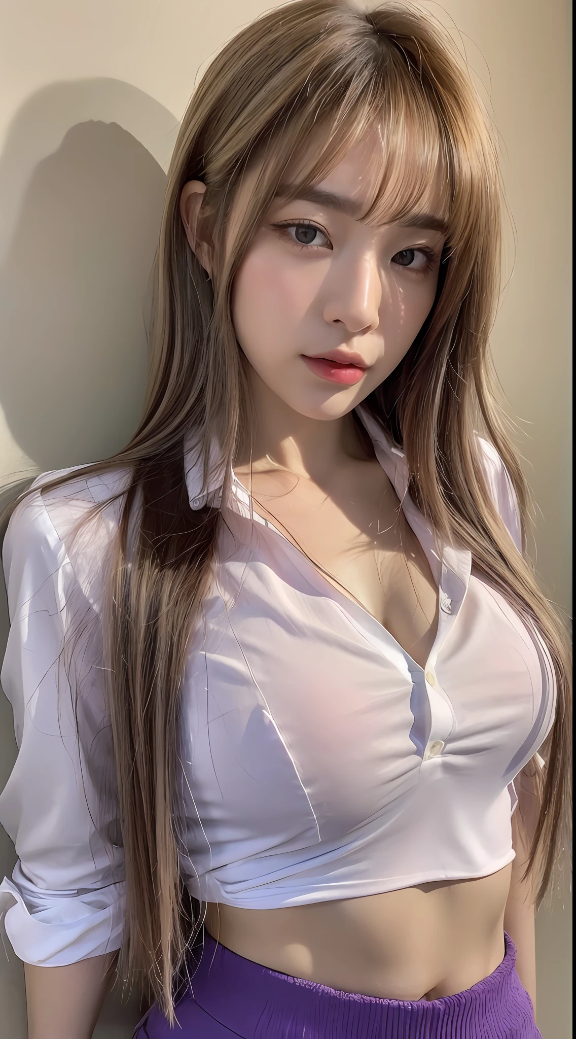 (Best quality, 8k, 32k, masterpiece, UHD: 1.3), attractive photo of Chinese woman, a girl, (large: 1.0), abs, perfect figure, (transparent shirt: 1.1), super detailed face, detailed lips, fine eyes, double eyelids, wearing purple miniskirt, purple-blonde hair