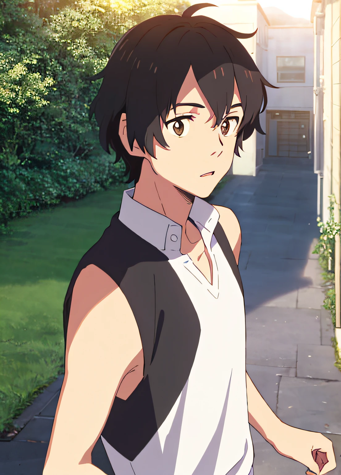 ghibli style, san\(mononoke hime\), 1boy, black hair, white shirt social, curly hair, school, brown eyes, silver ring, looking at the spectator, school, outdoors, black hair, shirt, short hair, sleeveless, sleeveless shirt, solo, upper body, white shirt, ((masterpiece)