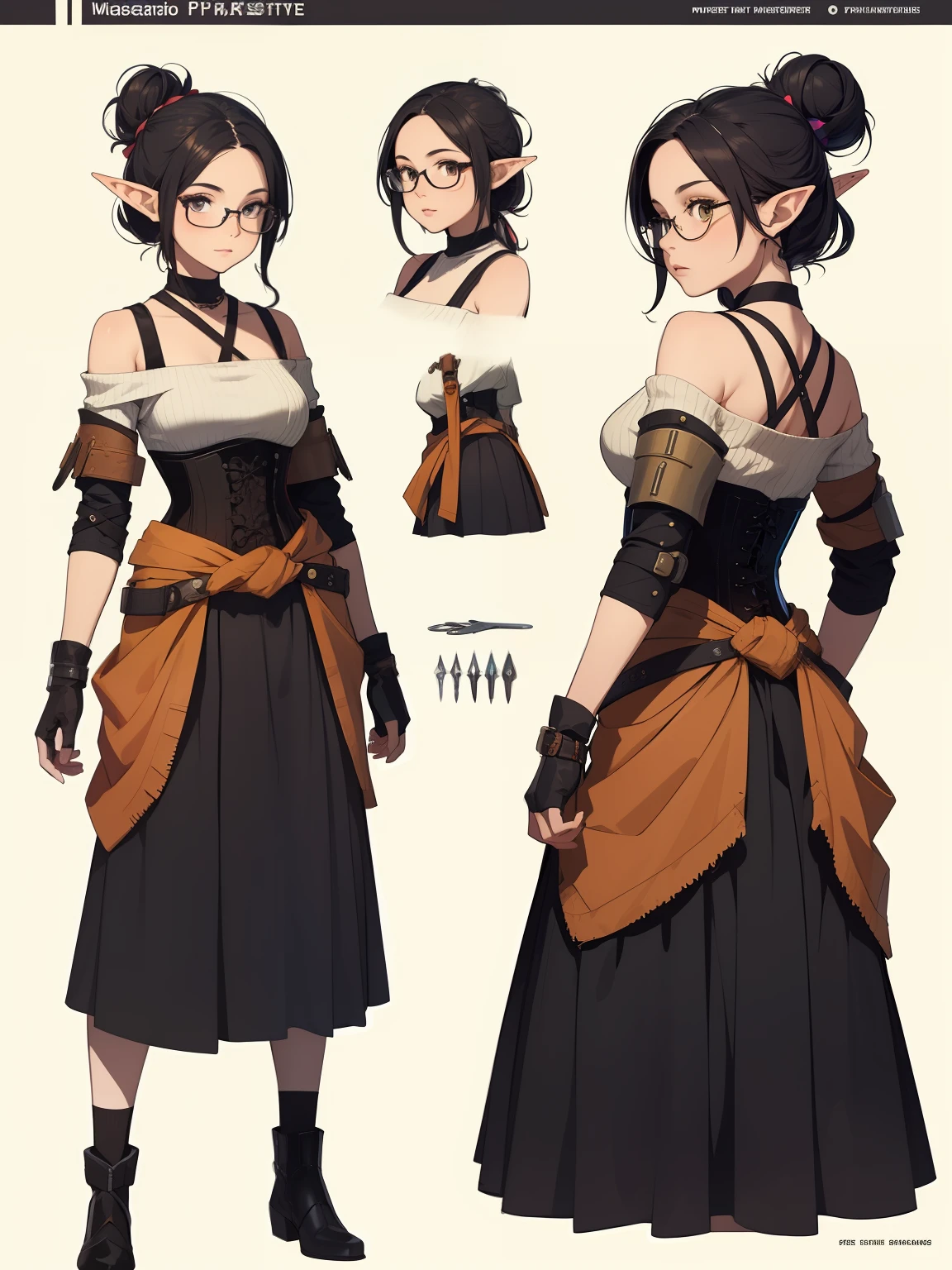 ((masterpiece)),(((best quality))),(character design sheet, same character, front, side, back), elven woman, glasses, black hair in bun, bows, lace, off the shoulder white sweater with tank top underneath, long colorful skirt, long skirt, satchels, pouches on waist, harness, tool belt, tools, armour, elven, corset