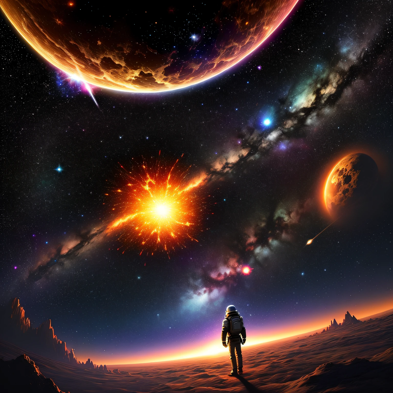 Astronaut, climbing the asteroid, character rendering, ethereal background, abstract beauty, explosive volume, heavy brushstrokes, inkdrops, red, nebula, black hole, twinkling stars --auto