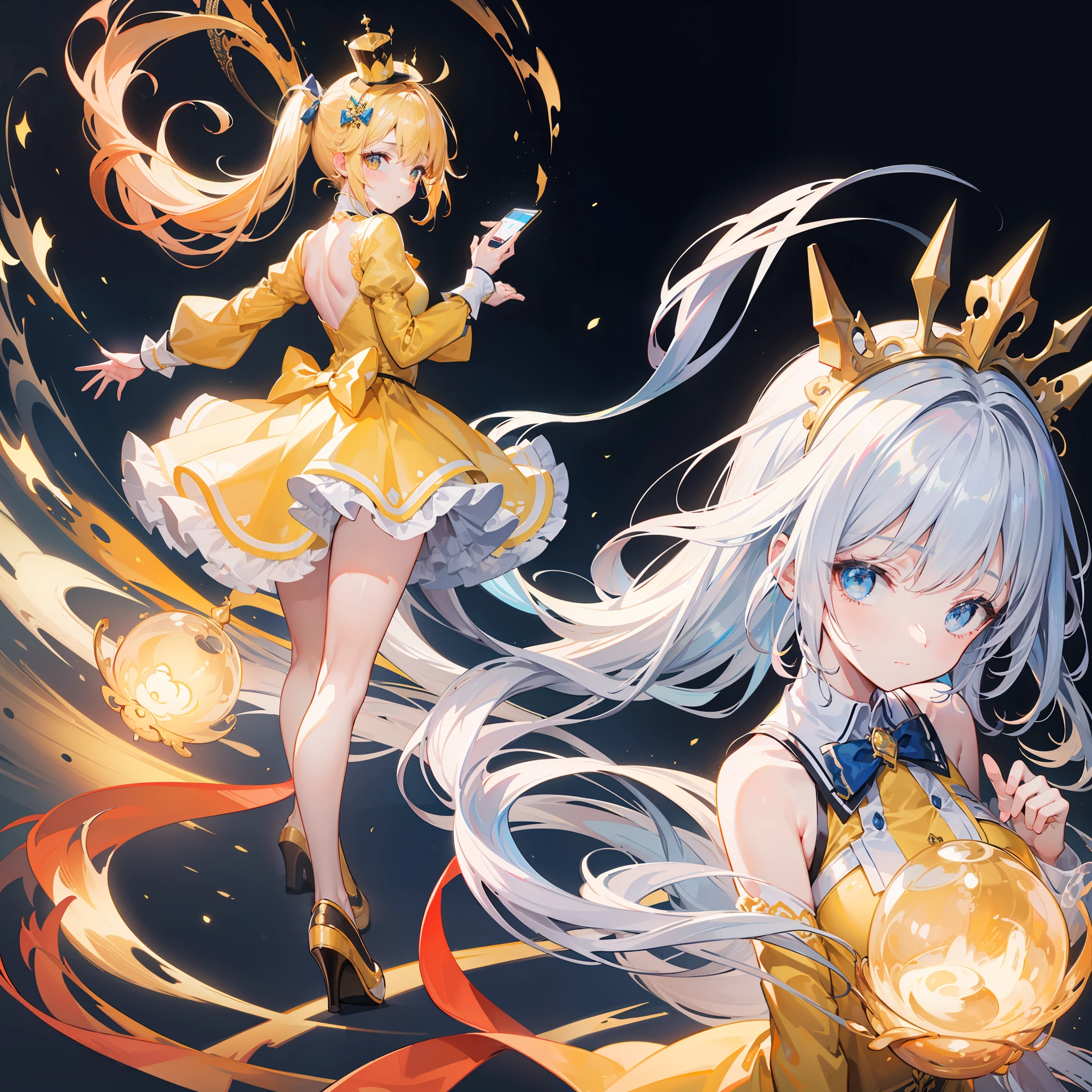 Masterpiece, best quality, (very detailed CG Unity 8k wallpaper) (best quality), (best illustration), (best shadow) (full body picture), double ponytail girl, light blue princess dress, big bow back ornament, yellow tunic, top hat headdress, yellow haired girl, cute, cute