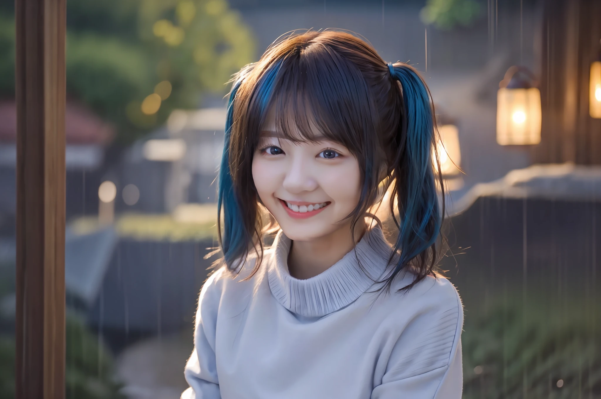 Masterpiece, Best Quality, One Girl, Upper Body, Sitting, Swept Bangs, Medium Hair, Twin Tails, Blue Hair, Sweater, Fluffy, Outdoors, Rain, Lantern, Landscape, Blurred Background,Real Live-action, smiling