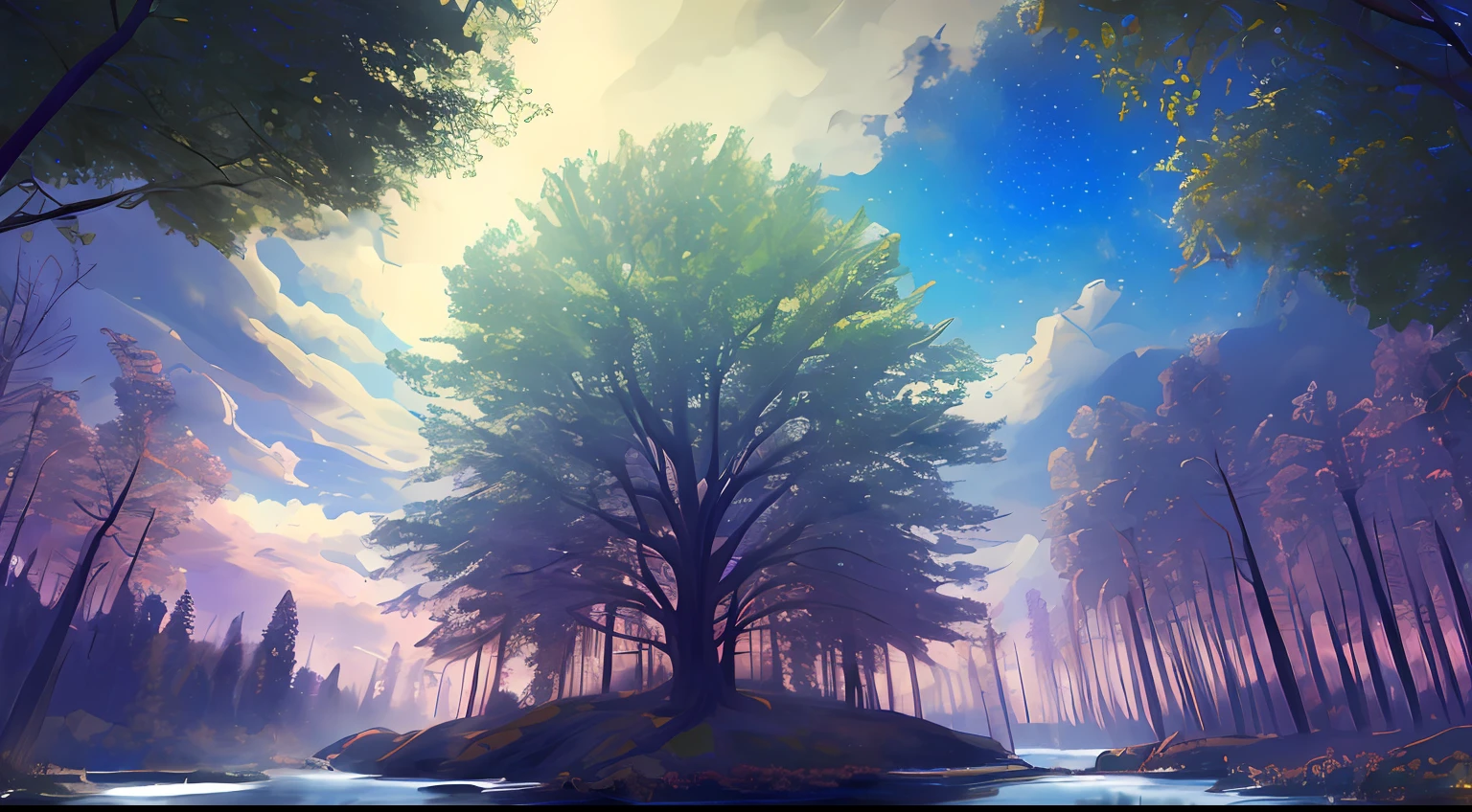 Illustration of a hyperrealistic, otherworldly, ultrasky scene with full body of a giant crystal tree, very detailed and magical lighting, intricate details of the forest, vegetation and surrounding river, solarpunk, landscape, giant tree, beautiful leaves with beautiful lighting and realistic proportions, as if it were a cinematic background, 2k, maximum quality, masterpiece, clouds and stars in the sky.