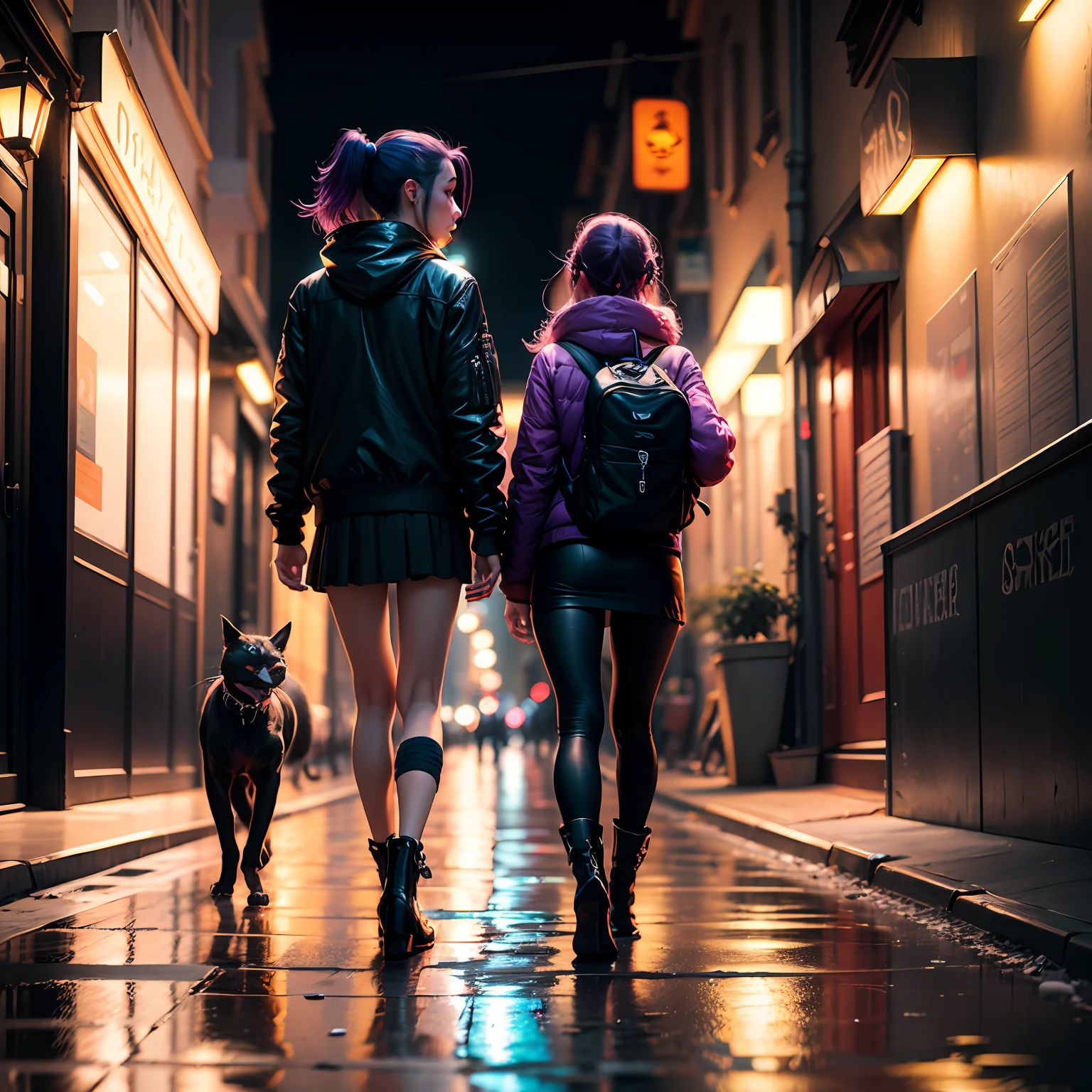 8k uhd, dslr, film grain, Fujifilm XT3, (best quality: 1.3), (masterpiece: 1.1), high resolution, cinematic light, intricate details, (photorealistic), outside, beautiful outside, nocturnal, teen, braided hair, purple hair, cyberpunk style, skirt superimposed on black leather pants, long boots, walking in cyberpunk city, at night, 8k, (best quality), when walking leaves traces of neon blue light on the floor, Wet streets, garbage cans, cats on the street, night lights, cars, the girl when she walks comes towards the spectator, accompanied by a pit bull, she is armed --auto
