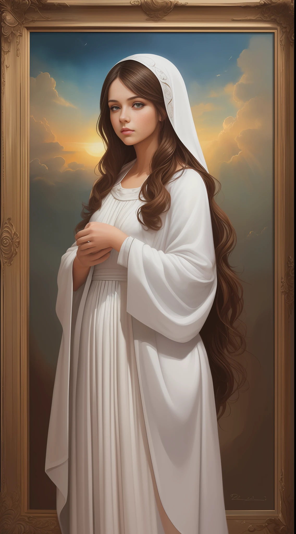 ((((((A 23-year-old woman)))))  devianart A beautiful woman portrait Blessed Virgin Mary ultra-thin realistic of Blessed Virgin Mary kind look full of kindness and love movie, long hair Wavy and brown, with white sun cover, dress with white robe, Blue cloak in front view, full body, biblical, realistic, intricate details, by Rembrandt , Trend in Artstation, 8K, Concept Art,  Photorealist, Realist, Illustration, Oil painting, Surrealism, Hyperrealistic, Brushes, Digital art, style, watercolor