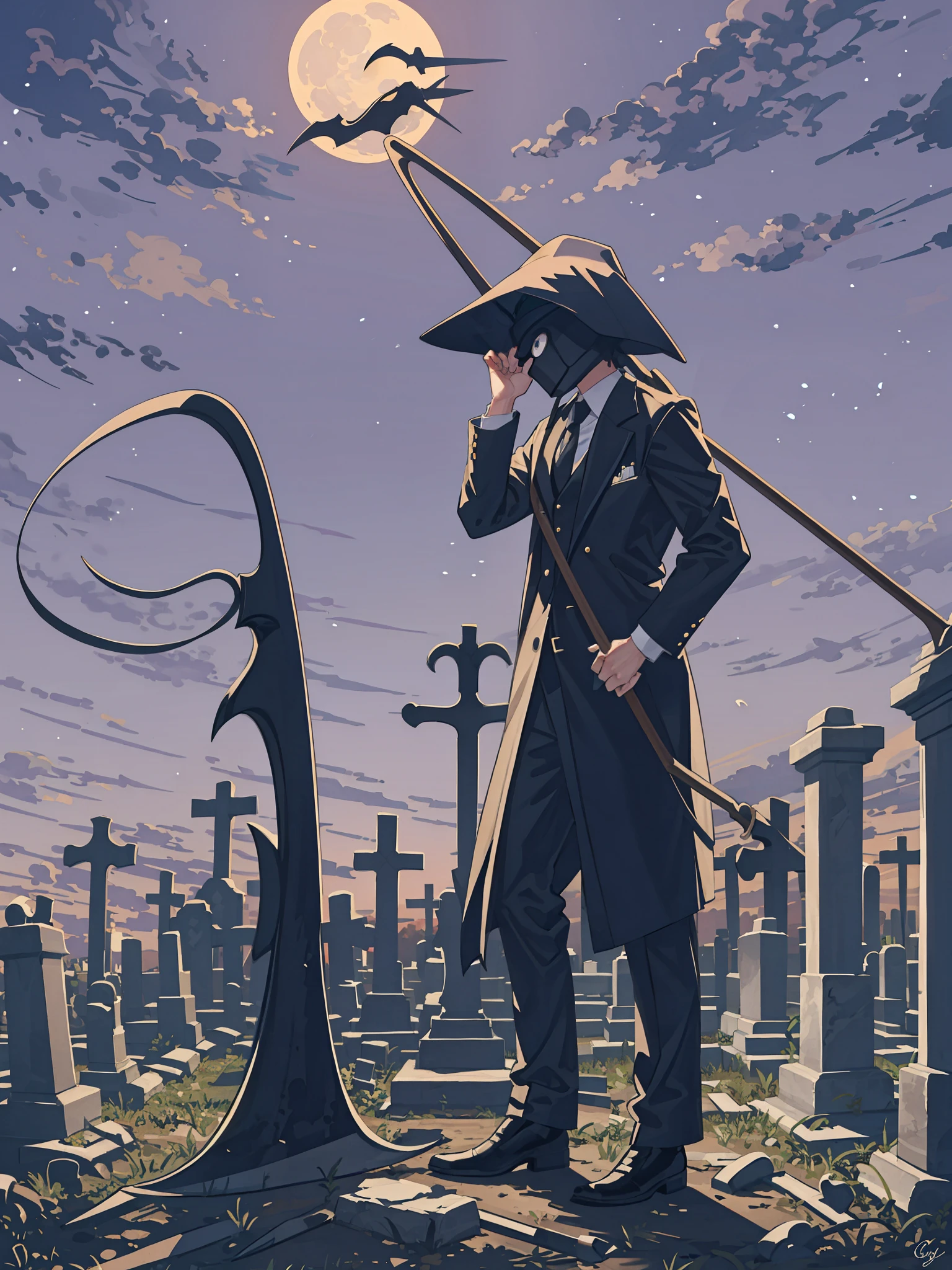 (extremely detailed CG unity masterpiece) Izuku Midoriya as the Grim Reaper, (plague doctor's clothes:1.2), (wielding a scythe), (in a cemetery), (under the crimson moonlight).