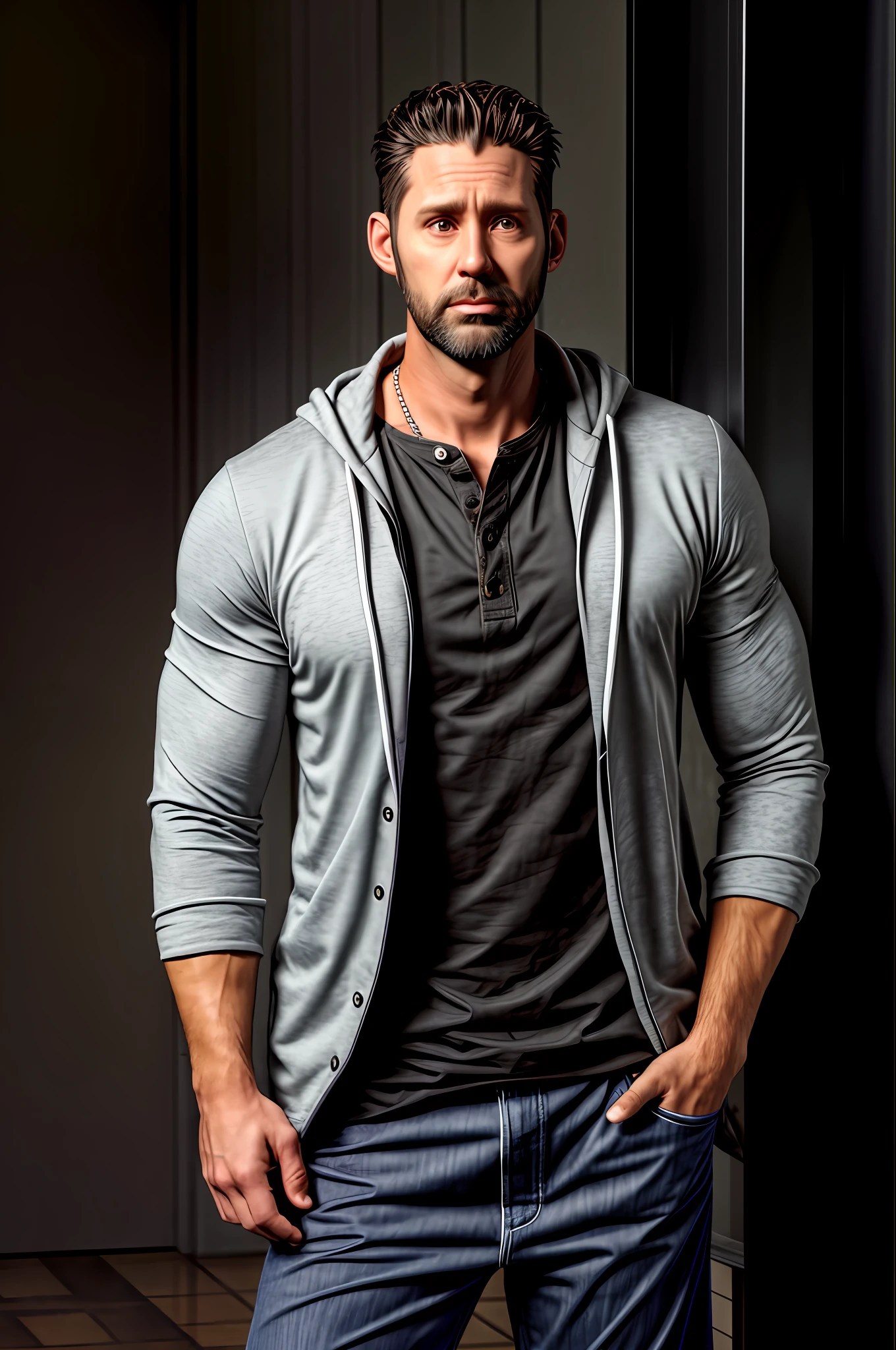 American male character, 32 years old, sympathetic face, normal clothes, front, full body, photorealistic,