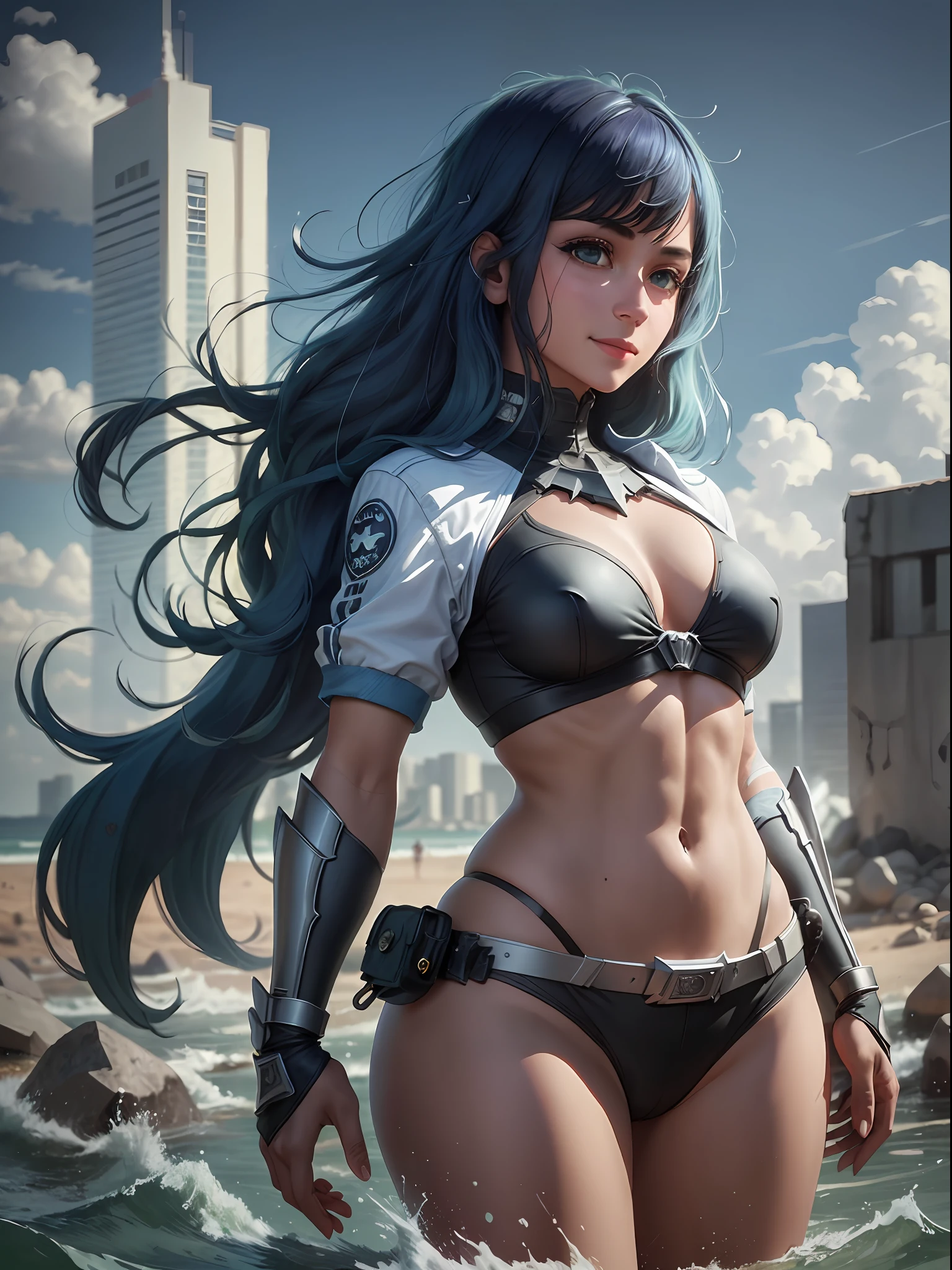 (Photos RAW, Top Quality, Masterpiece), (Realistic, Photoreal), One Girl, Solo, Akane, Blue Hair, Black Bikini, Denim, 3D, Realistic, CG, Shiny Hair, Flowing Hair, Shiny Skin, Smile, Sea Batman of the Dark Knight stands imposing in a lost gothic city. Moonlight highlights your muscles and scars. The scenery is lush and mysterious, with futuristic technology and surroundings. The camera details everything, a warrior woman, in front of him.