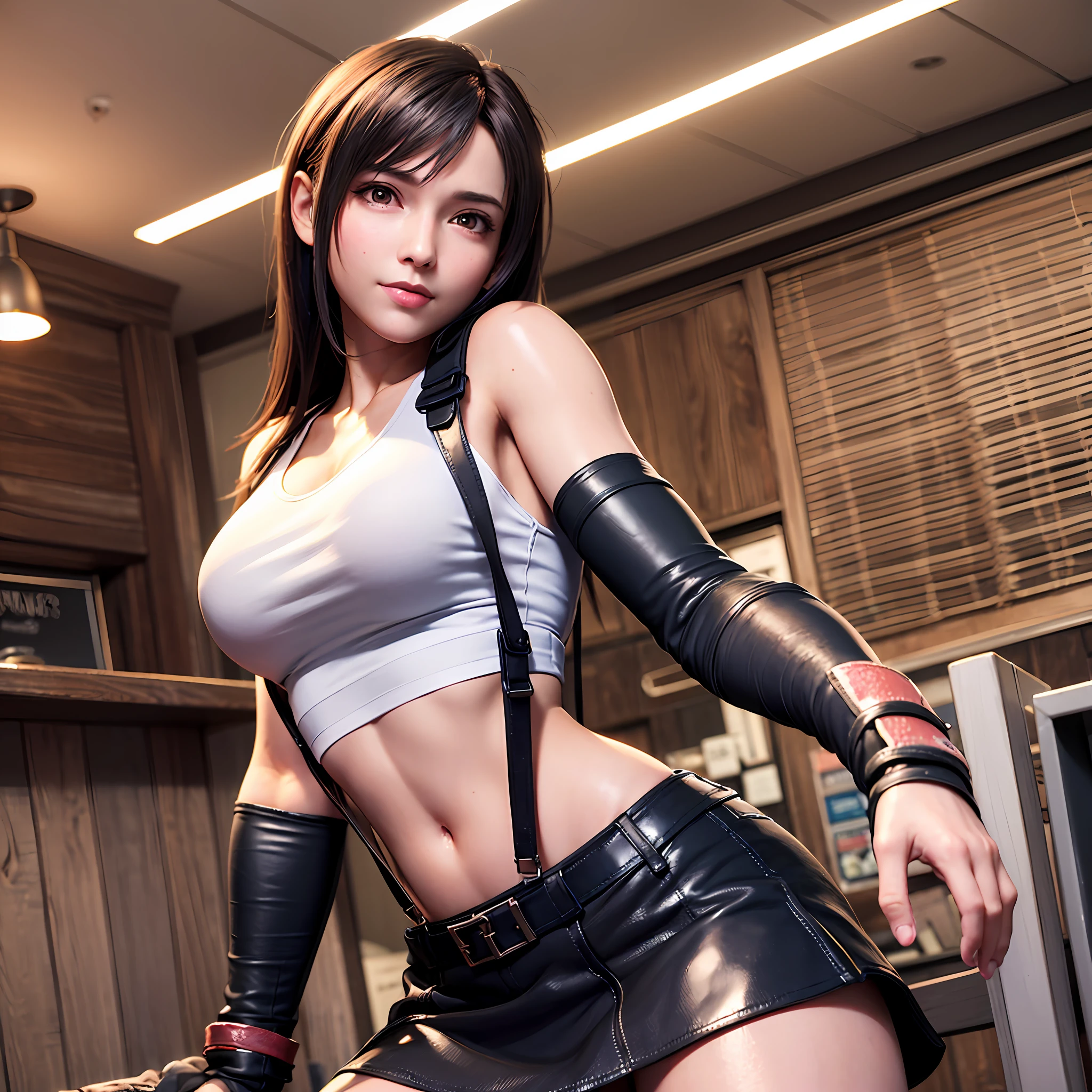 8k,masterpiece, bset quality,big, (1 girl), tifa lockhart, red_eyes, black hair, long hair, shiny skin, shiny big, ((best quality)), crisp focus: 1.2, highly detailed face and skin texture, detailed eyes, perfect face, perfect body, art, cg, blur background, big with presence, (20yo, Mature cool and beautiful face), wear ((suspender black skirt)),(( black elbow gloves, white taut shirt, thigh, white tank top, navel, blush)), jukebox, old bar, upper body, smile, professional light source, fluttering hair, fov, random angle,