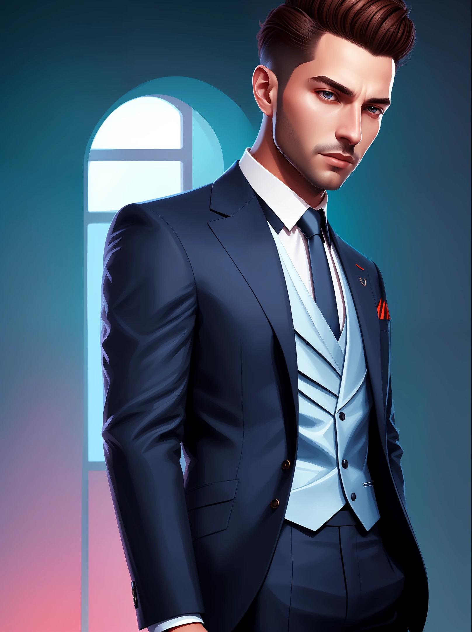 Close portrait of person in tailored suit - futuristic style, intricate elegant baroque, bright lights, highly detailed, digital painting, artstation