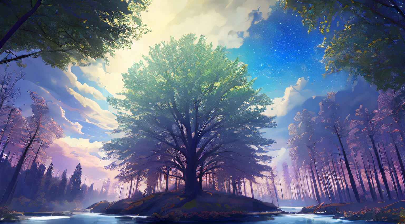 Illustration of a hyperrealistic, otherworldly, ultrasky scene with full body of a giant crystal tree, very detailed and magical lighting, intricate details of the forest, vegetation and surrounding river, solarpunk, landscape, giant tree, beautiful leaves with beautiful lighting and realistic proportions, as if it were a cinematic background, 2k, maximum quality, masterpiece, clouds and stars in the sky.