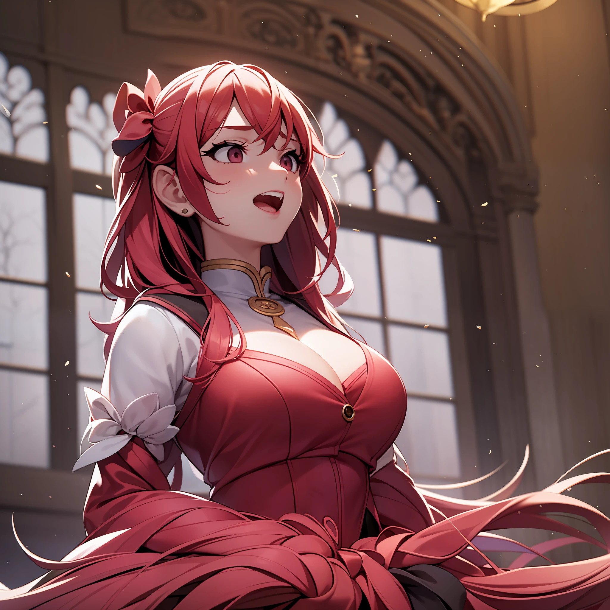 A talented girl is participating in a choir, harmoniously engaging in the music. She is dressed in a costume appropriate for the presentation, such as an elegant dress or a formal coral outfit. The choir is located on a stage, surrounded by a warm atmosphere and illuminated by a soft light. Around you, other voices join yours, creating an exciting harmony. The girl maintains an upright posture and a serene expression, while her hands follow the rhythm of the music. The passion in her voice is evident, conveying emotion and charm to those who listen to her. The setting is filled with musical notes, providing a magical and inspiring atmosphere. The girl in the choir is a true artist, immersing herself in the melody and bringing life to the music.