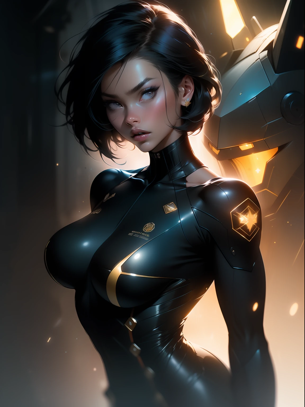 ((Best quality)), ((masterpiece)), (detailed: 1.4), (Absurd), furious princess, ((action pose)), (((woman with all-black graphite-colored skin)))), ready for war, black kinetic skin with exposed black muscles, hot woman, sculptural body with defined muscles, closed mouth, muscular body covered by a micro bikini, whole body covered by gold stars, ((medium breasts)), (eyes with heavy and very black makeup without pupils), (((short black hair style colonel Motoko)), (stars covering the body), ((drawings of golden stars on the arms)), very long eyelashes, heavy eye makeup, lots of jewelry, by mucha, niji --V5, close to real, psychopathic, crazy face, sexy pose, background with a giant Gundam style robot head, 2 piece clothing, pastel, centered, scale to fit the dimensions, HDR (High Dynamic Range),Ray Tracing,NVIDIA RTX,Super-Resolution,Unreal 5,Subsurface Dispersion, PBR Texture, Post-processing, Anisotropic filtering, Depth of field, Maximum clarity and sharpness, Multilayer textures, Albedo and specular maps, Surface shading, Accurate simulation of light-material interaction, Perfect proportions, Octane Render, Two-tone lighting, Wide aperture, Low ISO, White balance, Rule of thirds, 8K RAW, crysisnanosuit