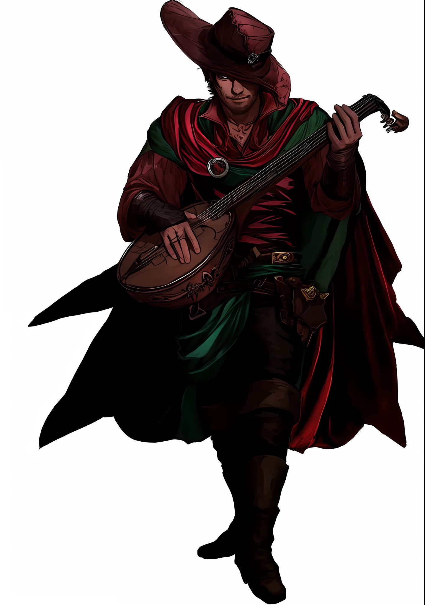 a man in a red hat and green cape playing a guitar, tiefling bard, male bard, a human bard, tiefling rogue, male wood elf rogue, red hooded mage, forest elf bard playing lute, smirking male bard, epic fantasy d & d hobbit rogue, dungeons and dragons character, rpg portrait full body, fantasy d&d character