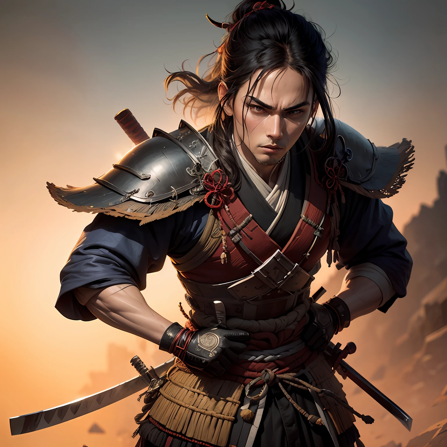 SAMURAI A realistic cinematic scene of a 40-year-old, full-body, male samurai standing in a barren cyberpunk place with a stunning radical landscape. (Wearing an elegant samurai outfit) atop his symmetrical biomechanical arms and intricately anatomically adapted biomechanical legs (graphene:1.1). Insanely detailed, elegant and ornate details of the symmetrical fractal body with cyanite gems. Tall manly body with a beautiful rectangular face, almond eyes, thin lips, short straight nose, straight black hair, without beard and with sideburns, (right hand holding a knife and left hand holding a fork), Scene captured with soft and bright natural light, dramatic shadings and beautiful vibrant colors. Romanticism art style. Image with 8k resolution with cyberpunk style, intricately symmetrical details. The scene has an indomitable heroic mood with the main presence of a full scene of a full-body man standing with fluid body movements and a confident expression. --auto