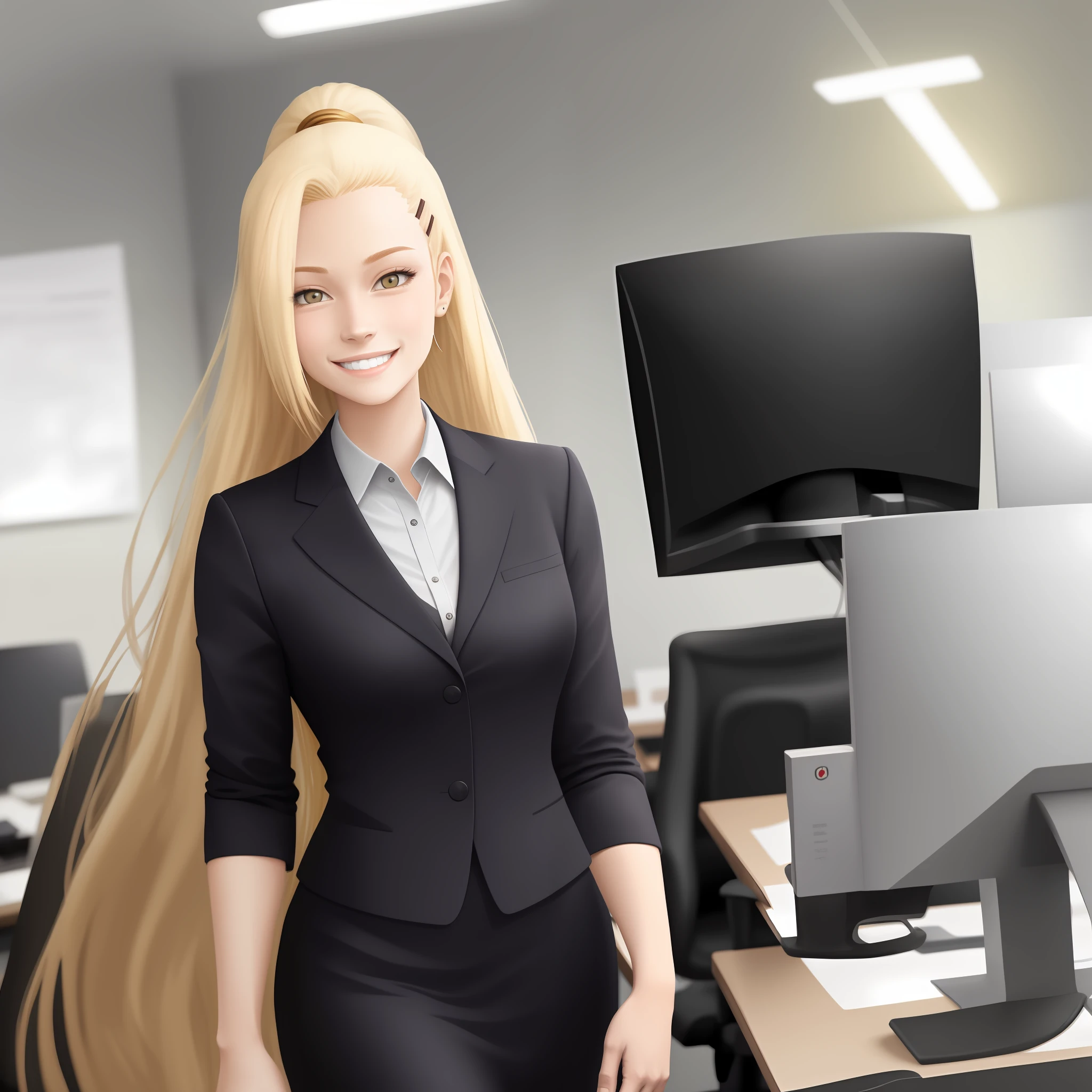 Ino in a formal office dress , long golden hair , smiling , masterpiece , best quality , black