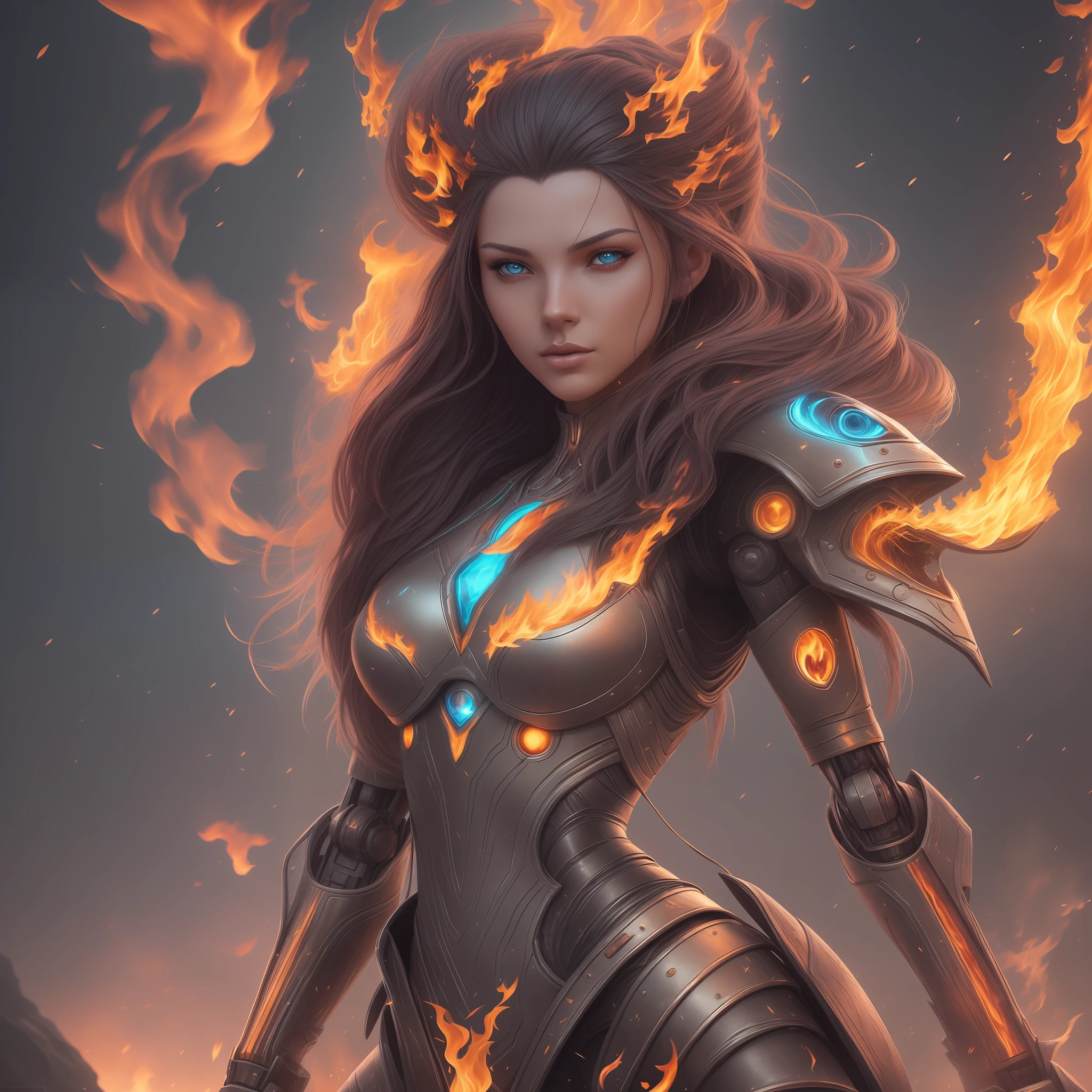 Alafard image of a robot woman with fire in her hair, realistic digital art 4K, realistic digital art 4K, deviant art station CGScosiety, fantasy art Behance, Wojtek Fus, 4K detailed digital art, epic fantasy digital art style, stunning digital illustrations, beautiful digital artwork, she has fire, digital fantasy art)